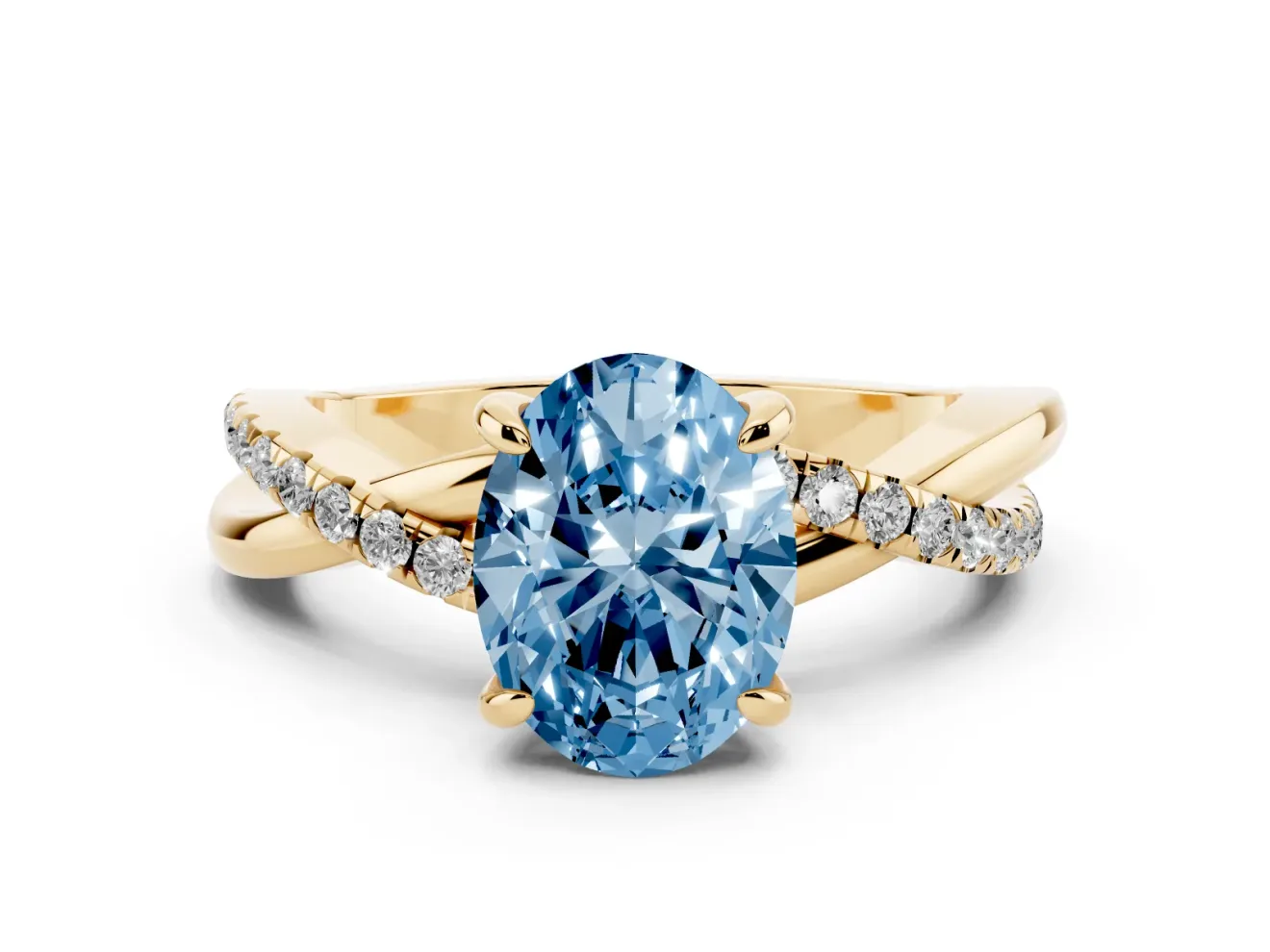 Fancy Blue Oval Cut Diamond Twist Band Solitaire Set in Yellow gold with Pavé Accents and Prong Setting