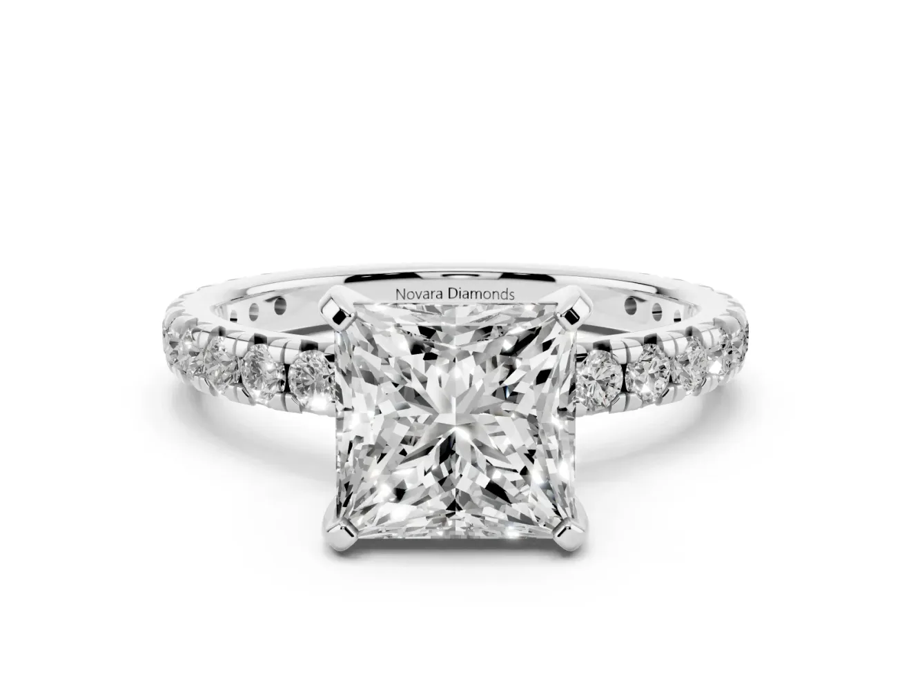 Princess Cut Pavé Solitaire Engagement Ring Setting | Shared Prong Band | Sterling Silver