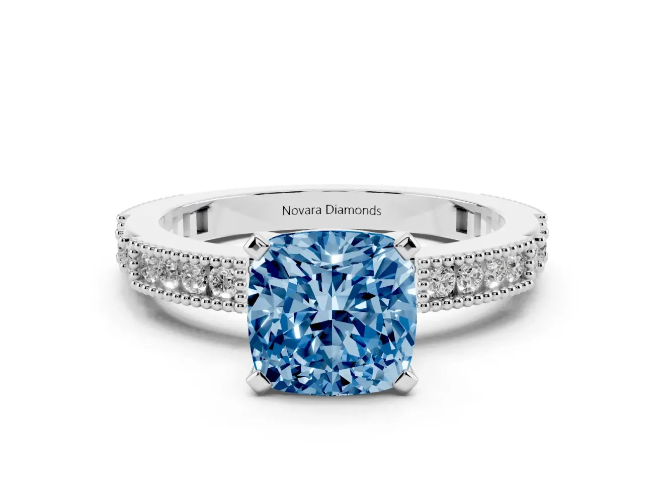 Fancy Blue Cushion Cut Diamond Solitaire Ring Set in Silver with Slim Pavé Band and Prong Setting