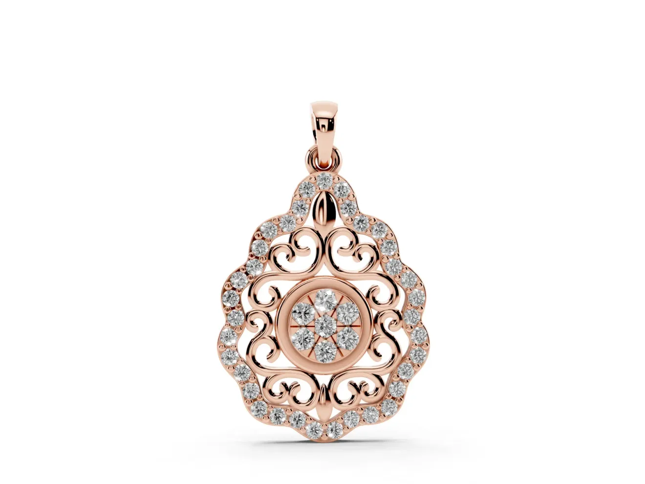Round Lab-Grown Diamond Vintage Filigree Cluster Pendant Necklace | Pavé Teardrop Frame | Rose Gold