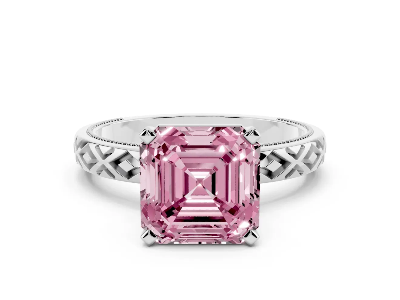 Asscher Cut Vintage Milgrain Engagement Ring Setting for a Fancy Pink Lab-Grown Diamond | X Pattern Band | Platinum