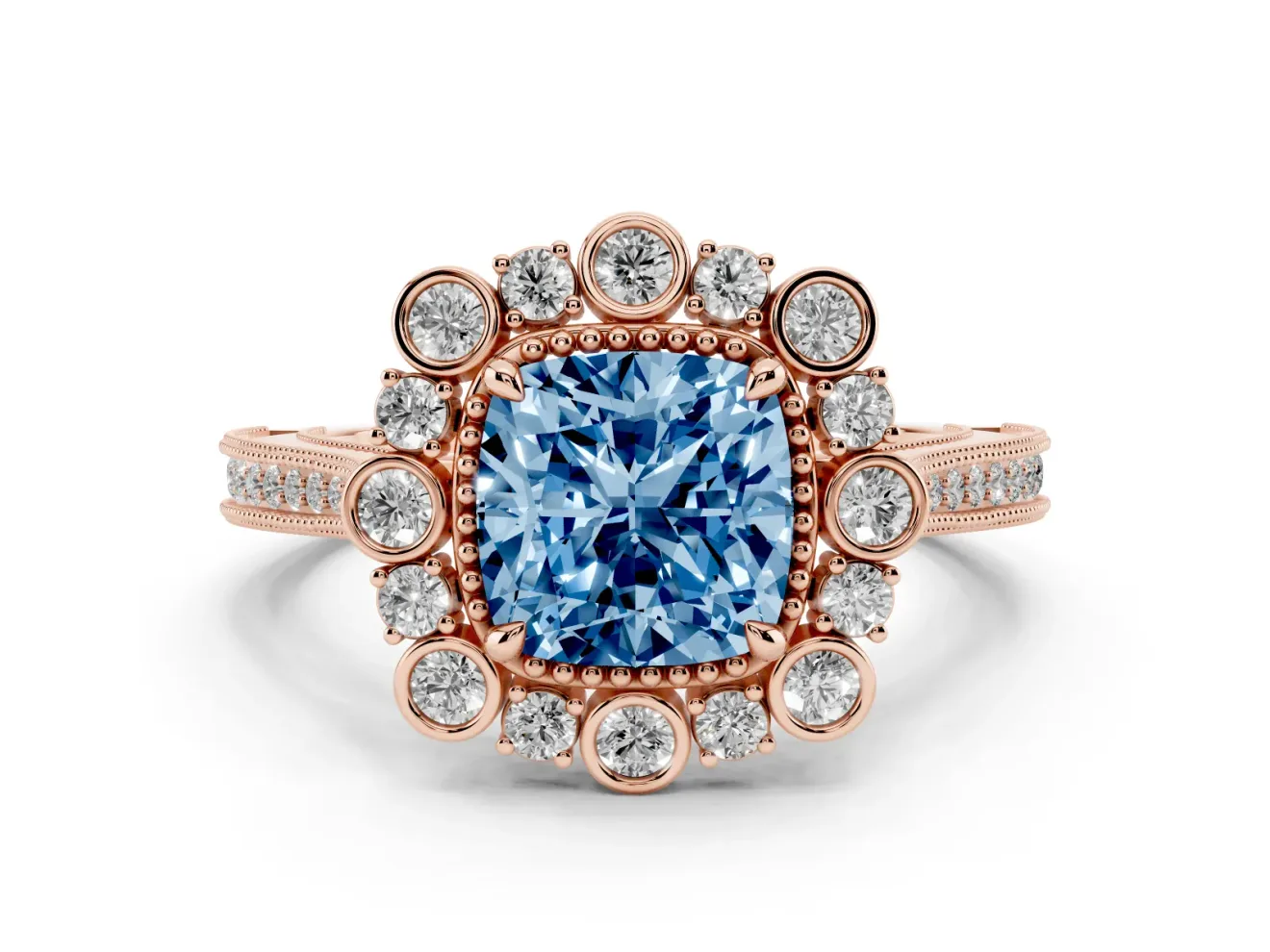 Fancy Blue Cushion Cut Diamond Halo Milgrain Pavé Ring Set in Rose gold with Prong Setting