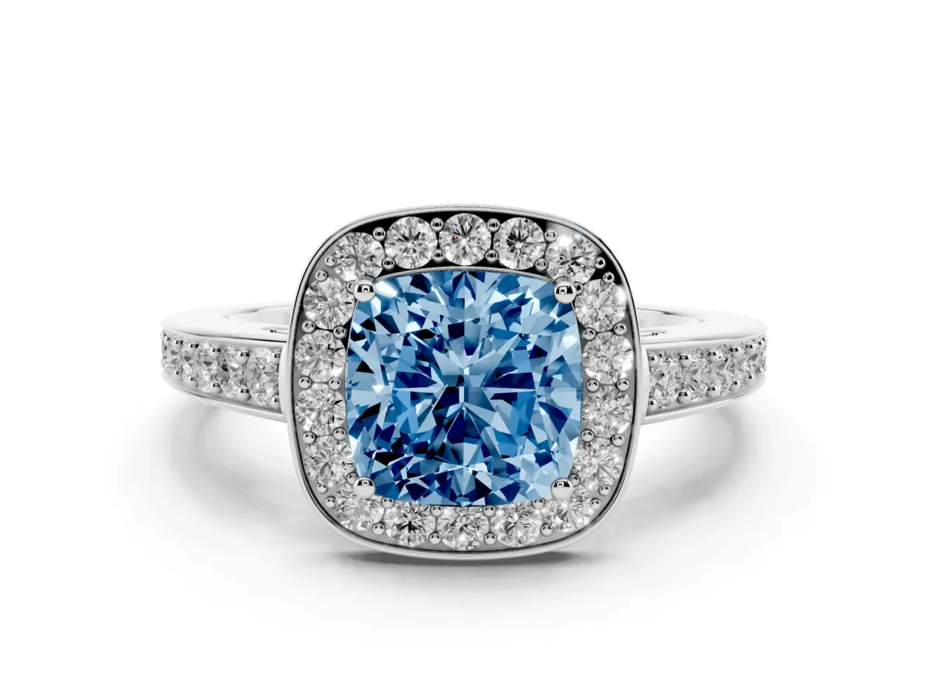 Fancy Blue Cushion Cut Diamond Halo Pavé Engagement Ring Set in White gold with Bezel Setting