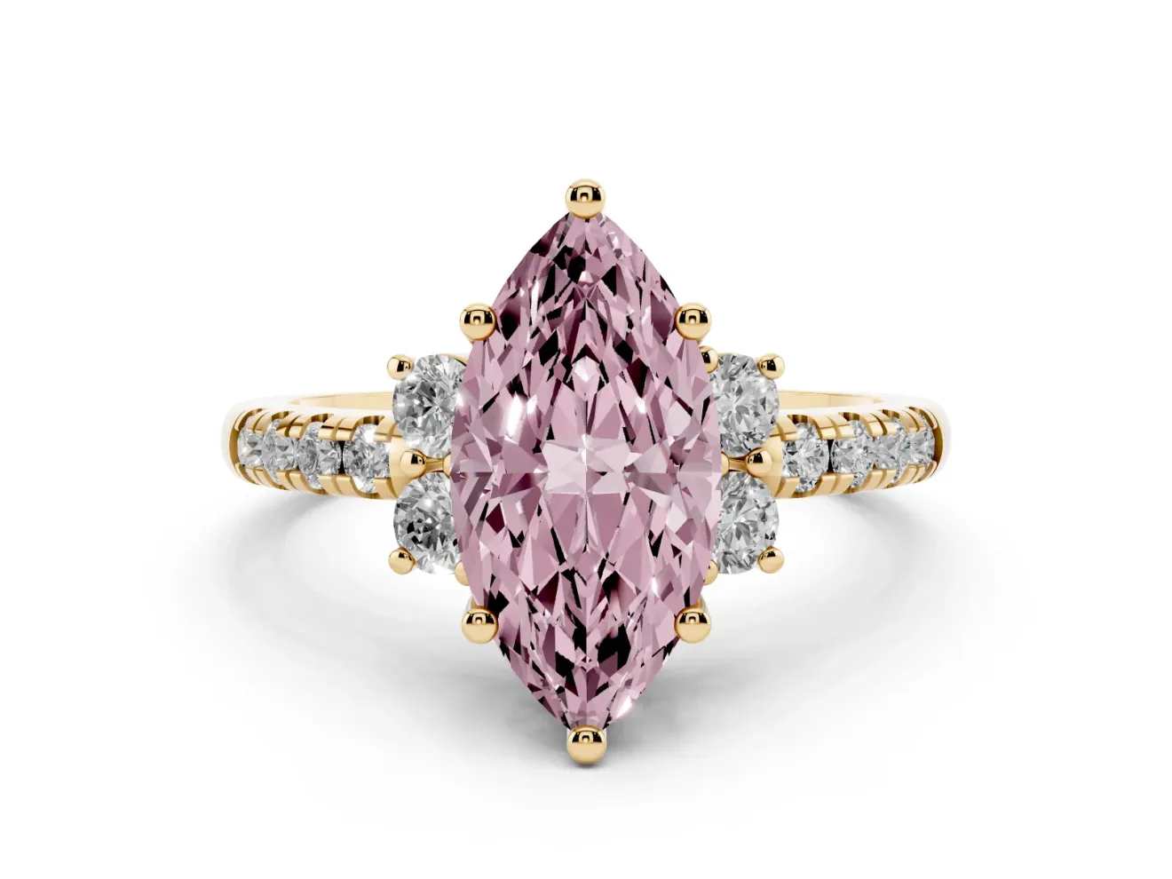 Marquise Side Stone Pave Engagement Ring Setting for a Fancy Pink Lab-Grown Diamond | Paired Round Accents | Yellow Gold