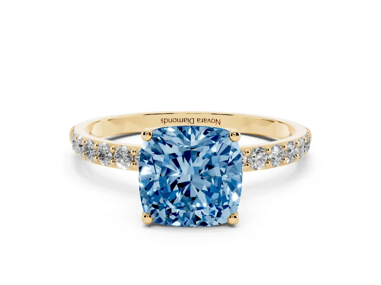 Cushion Cut Pave Solitaire Engagement Ring Setting for a Fancy Blue Lab-Grown Diamond | Slim Band | Yellow Gold