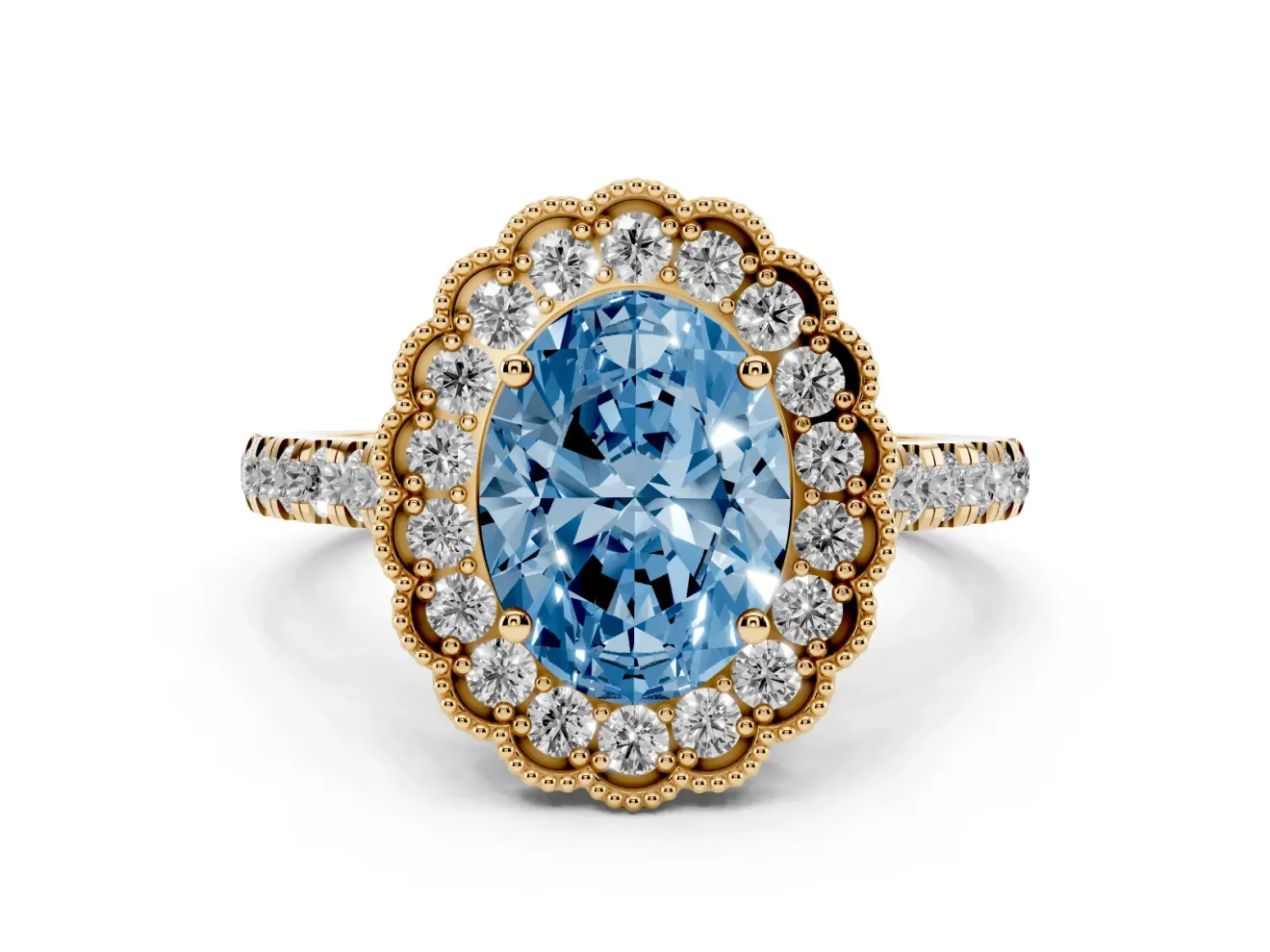 Fancy Blue Oval Cut Diamond Milgrain Floral Halo Engagement Ring Set in Yellow gold with Pavé Band