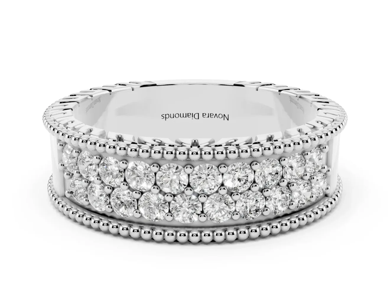Round Lab-Grown Diamond Wide Double Row Pavé Wedding Band | Notched Side Walls | White Gold