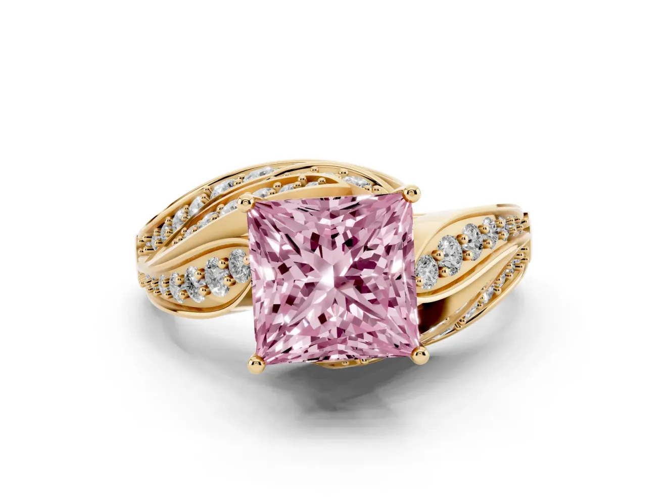 Fancy Pink Princess Cut Diamond Solitaire Ring Set in Yellow gold with Layered Twist Pavé Band
