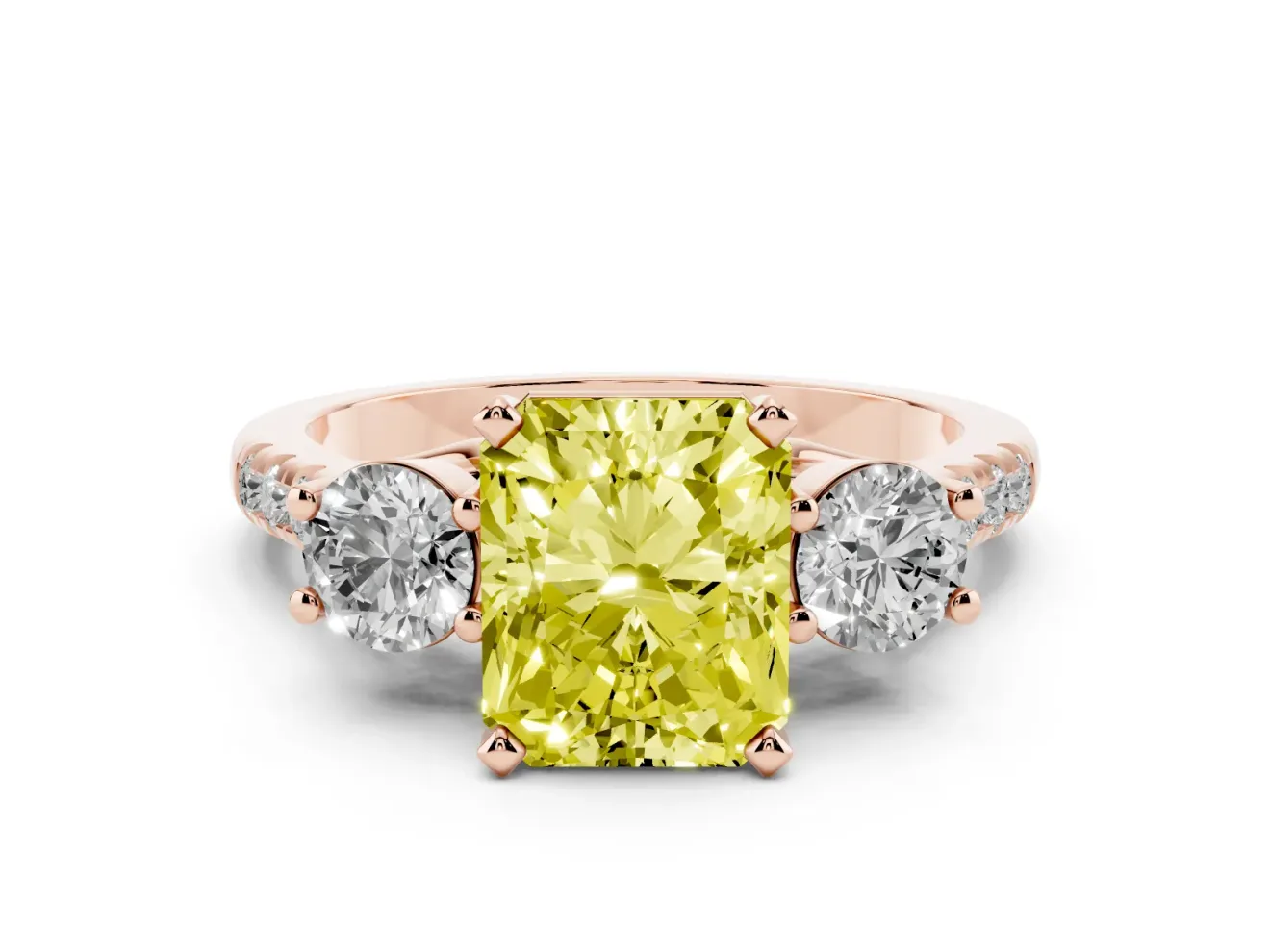 Radiant Cut Three-Stone Engagement Ring Setting for a Fancy Yellow Lab-Grown Diamond | Rose Gold