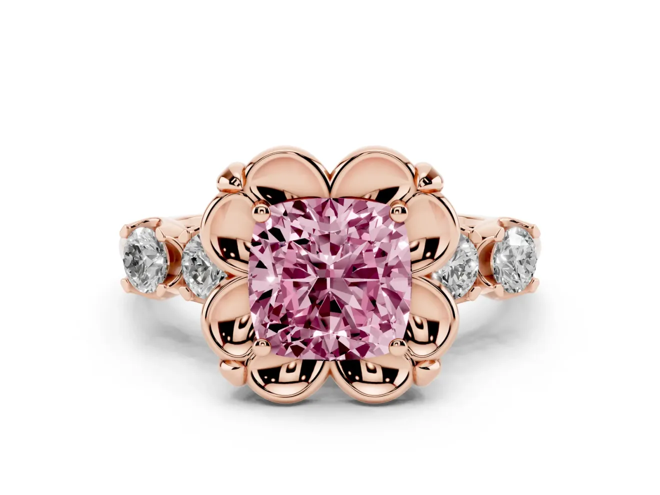 Cushion Cut Floral Engagement Ring Setting for a Fancy Pink Lab-Grown Diamond | Petal Frame and Side Stones | Rose Gold