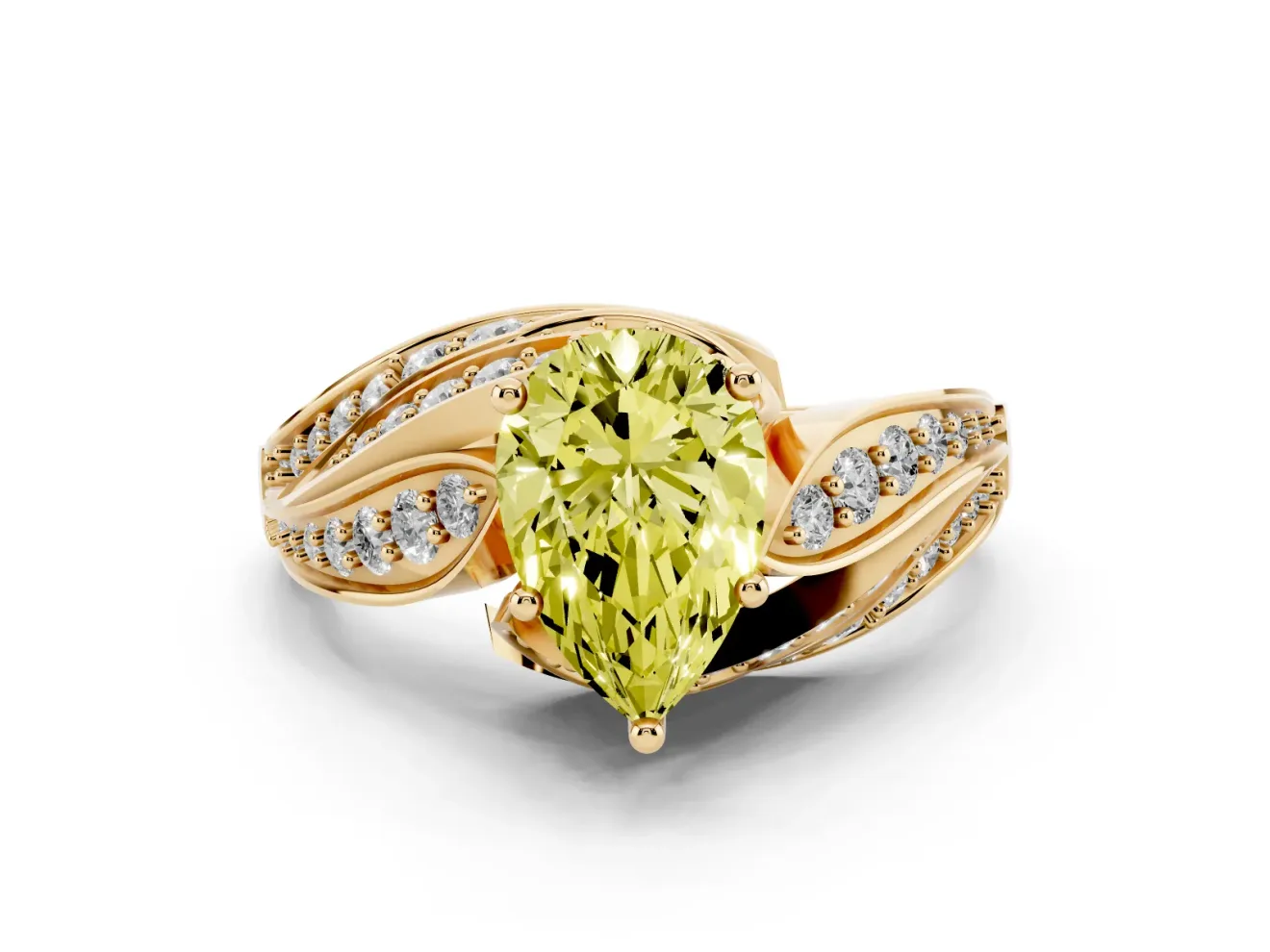 Fancy Yellow Pear Cut Diamond Solitaire Ring Set in Yellow gold with Layered Twist Pavé Band