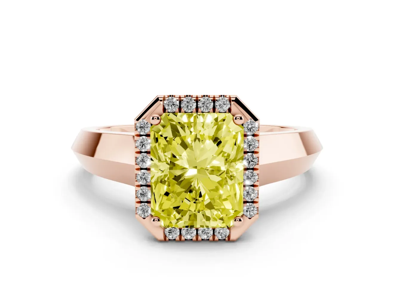 Fancy Yellow Radiant Cut Diamond Halo Ring Set in Rose gold with Cathedral Band and Prong Setting