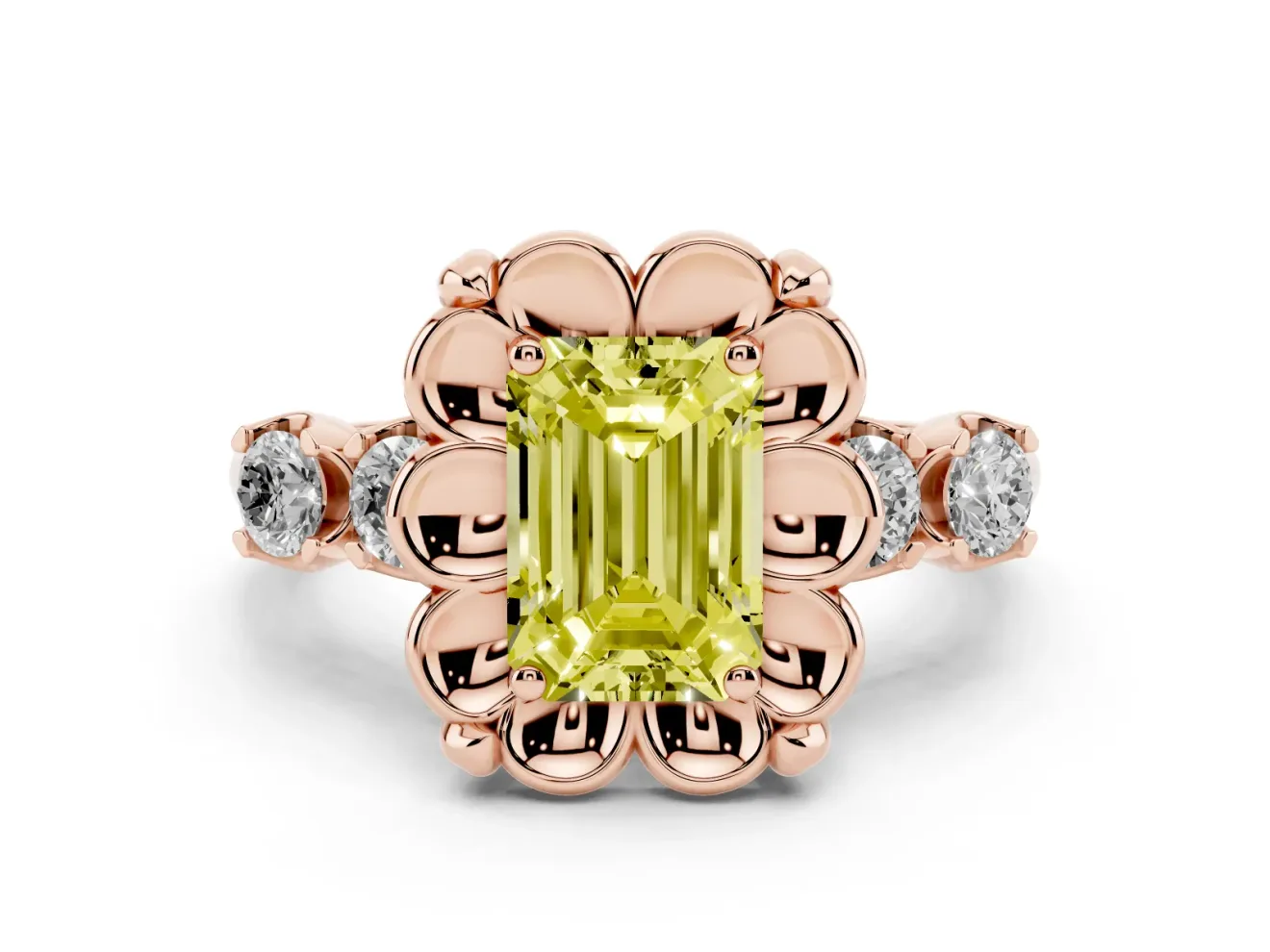 Emerald Cut Floral Engagement Ring Setting for a Fancy Yellow Lab-Grown Diamond | Petal Frame | Rose Gold