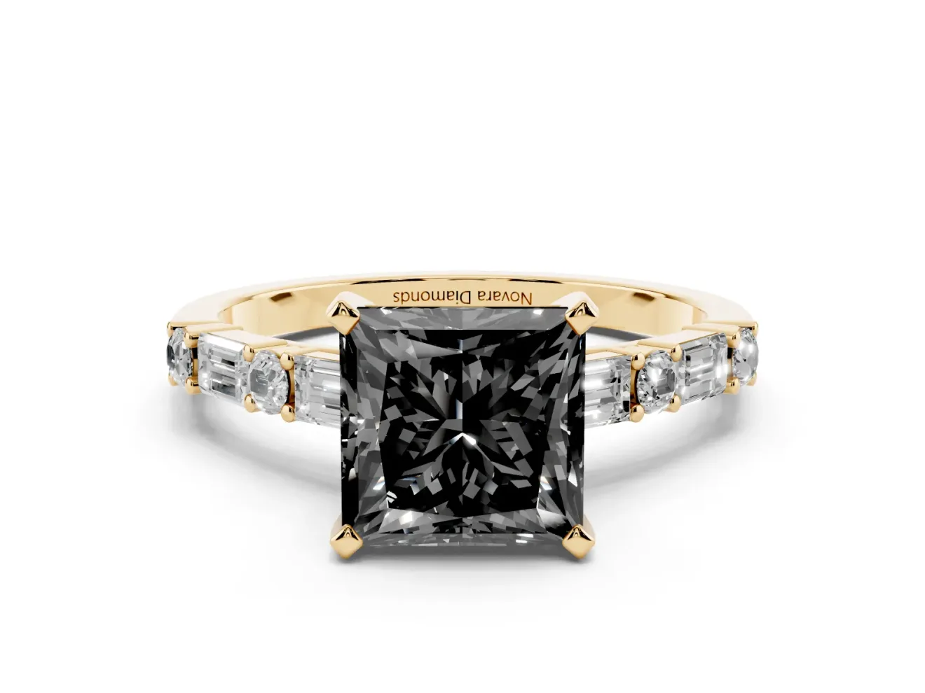 Princess Cut Baguette Side Stone Engagement Ring Setting for a Black Center | Yellow Gold