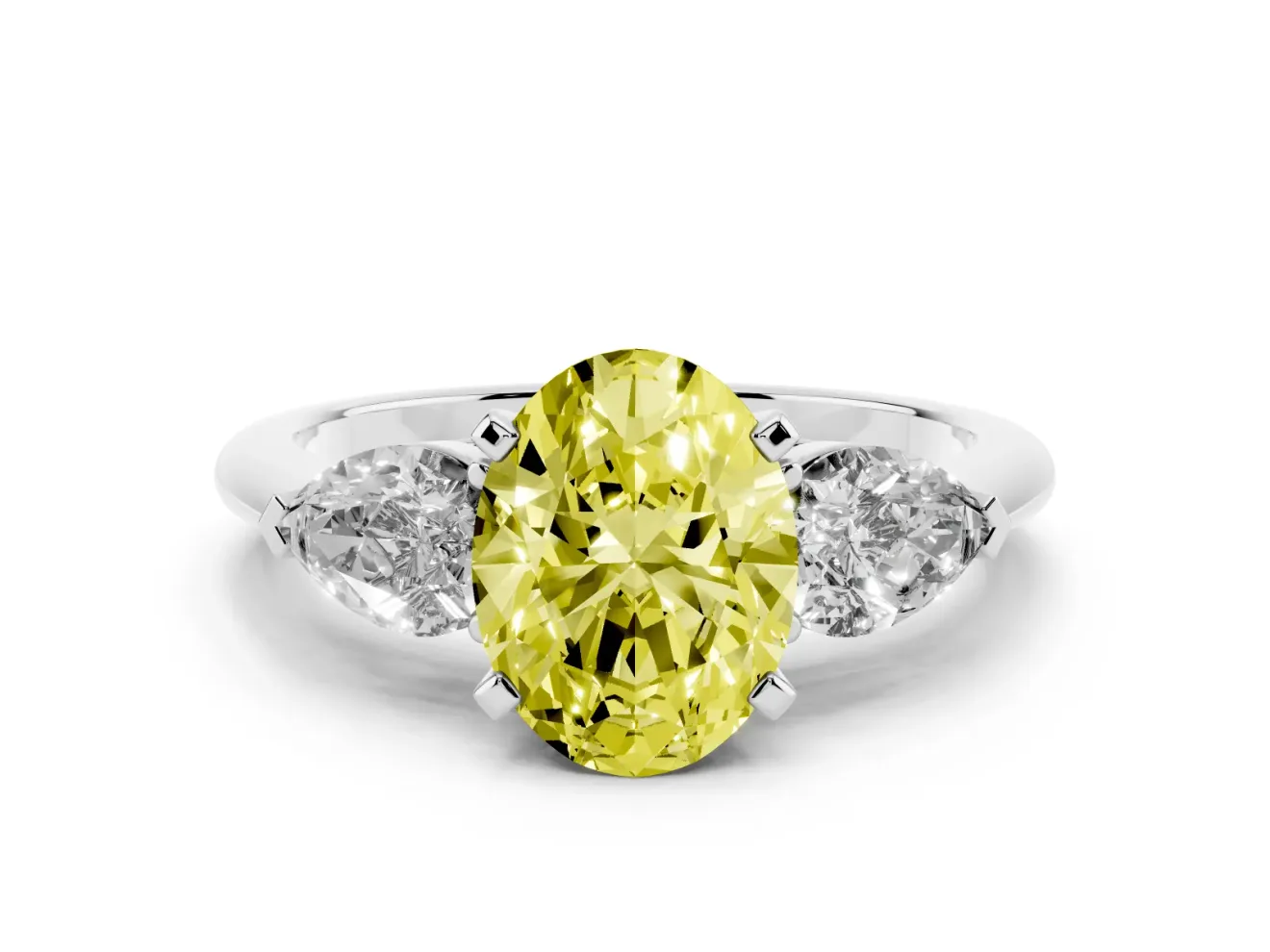 Fancy Yellow Three-Stone Oval Cut Diamond Ring Set in Platinum with Pear Side Stones and Prong Setting