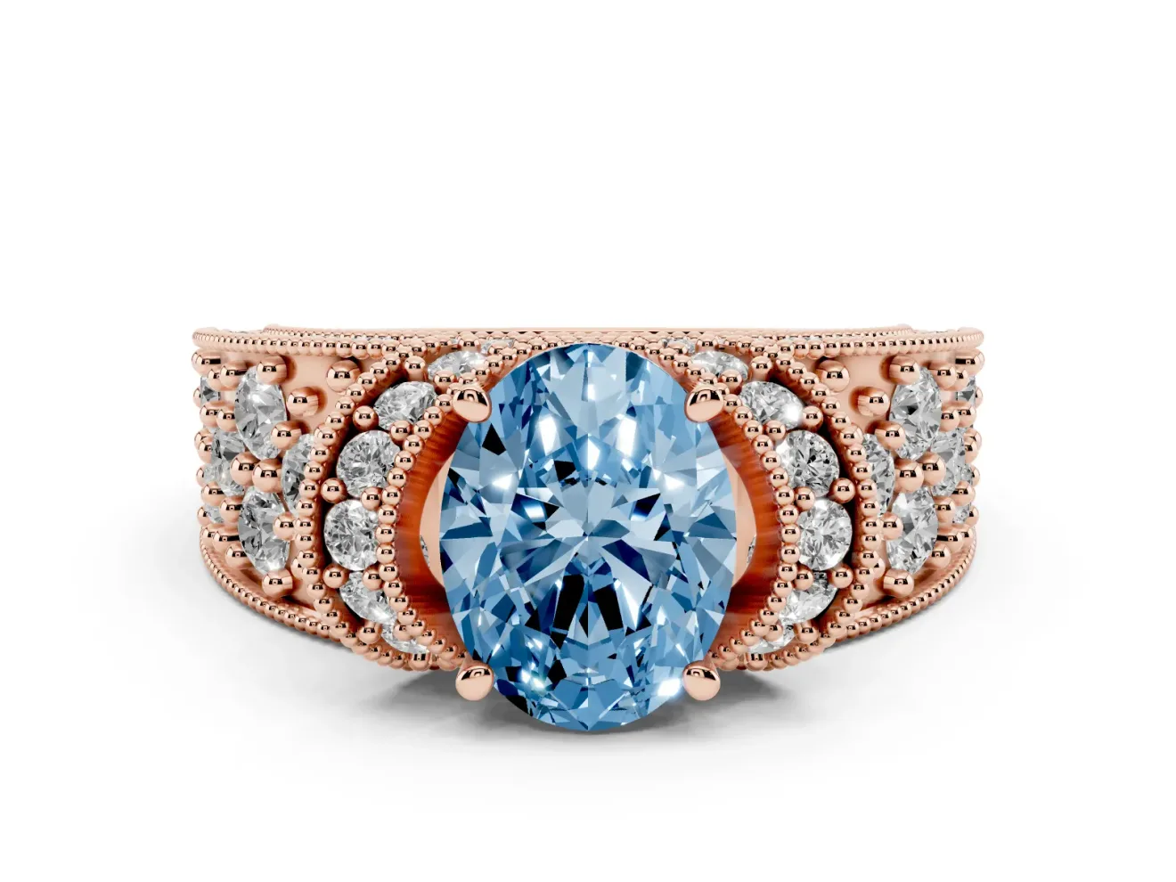 Oval Vintage Milgrain Pave Engagement Ring Setting for a Fancy Blue Lab-Grown Diamond | Crescent Side Rows | Rose Gold