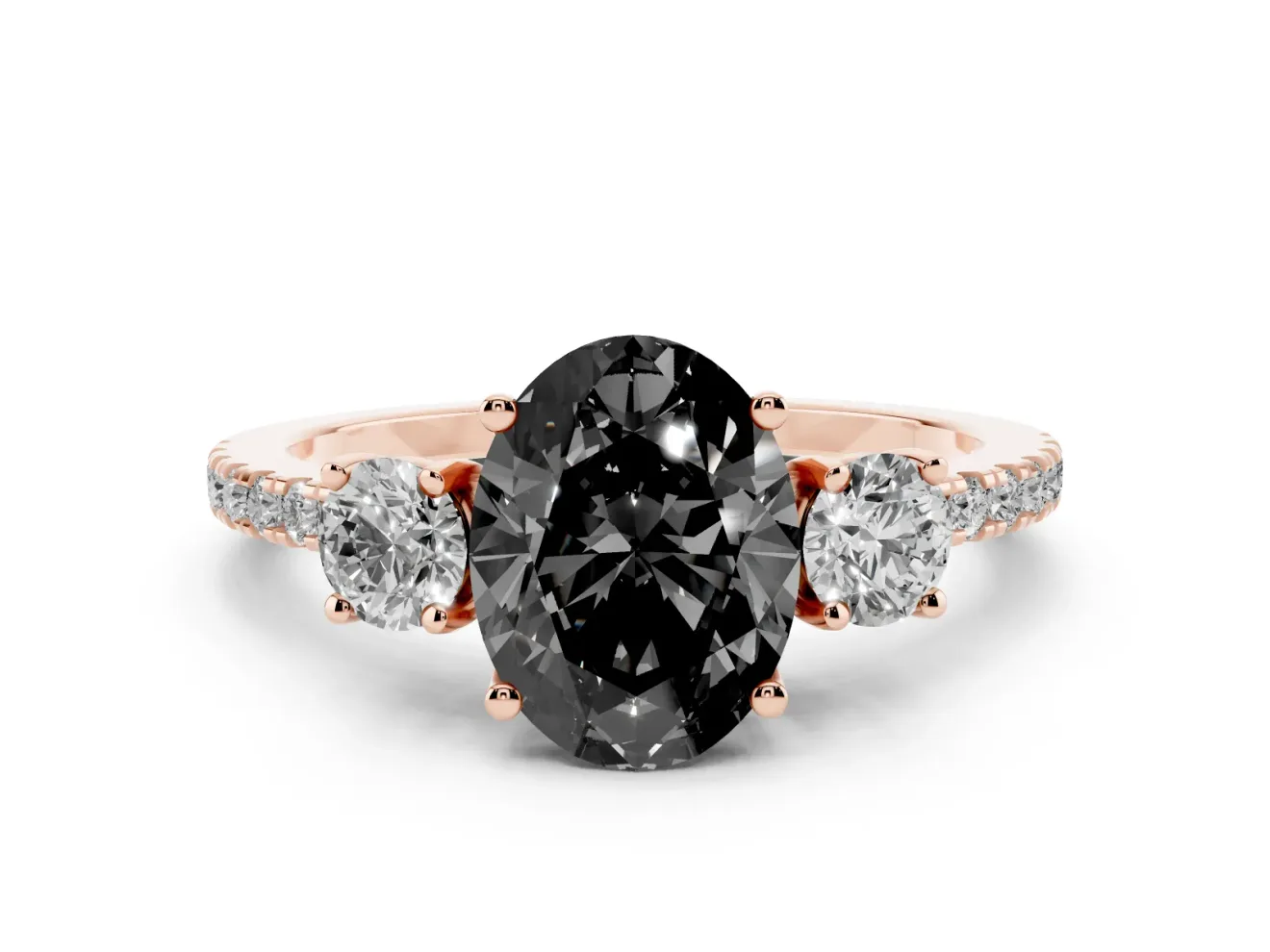 Fancy Black Oval Cut Diamond Three-Stone Ring Set in Rose gold with Pavé Band and Graduated Sides