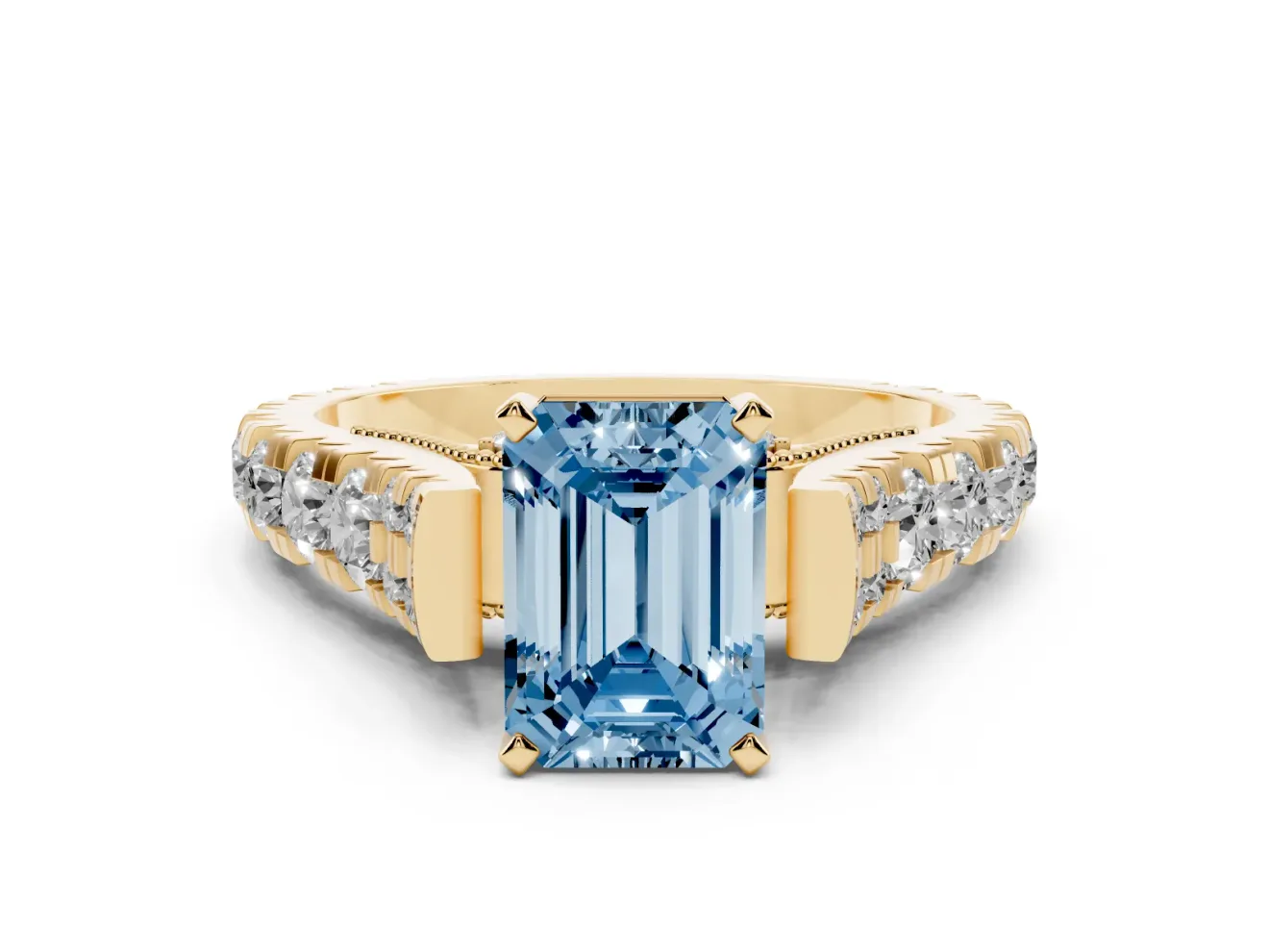 Fancy Blue Emerald Cut Diamond Classic Solitaire Ring Set in Yellow gold with Pavé Band and Prong Setting
