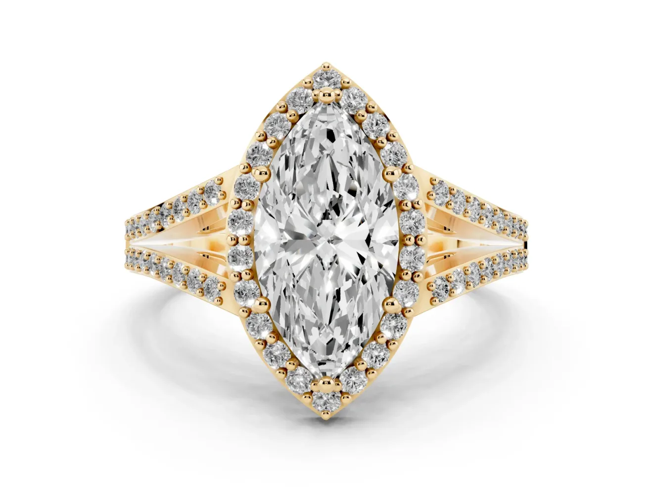 Marquise Halo Engagement Ring Setting | V-Split Pavé Band | Yellow Gold