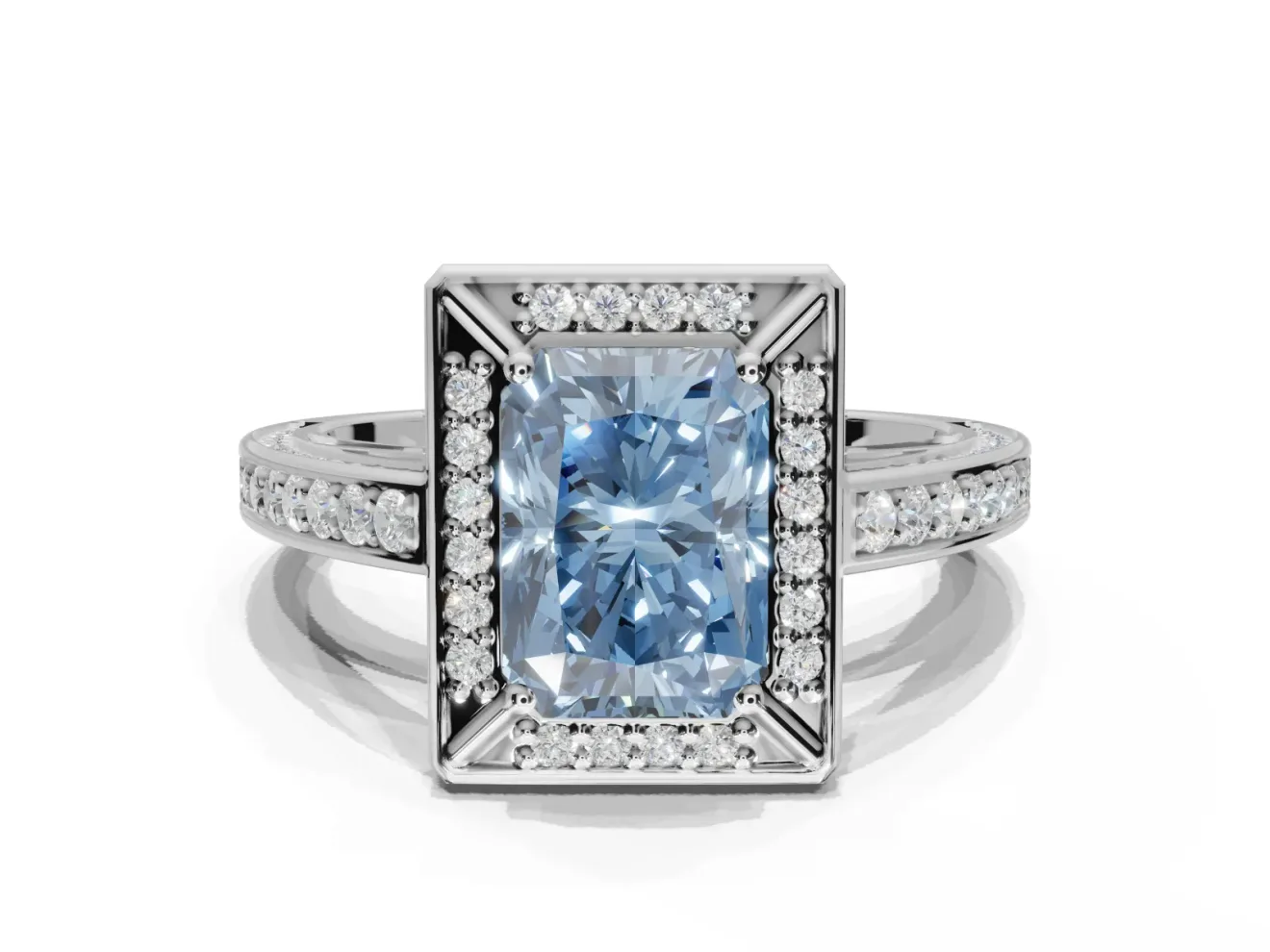 Radiant Cut Sectioned Halo Engagement Ring Setting for a Fancy Blue Lab-Grown Diamond | Platinum