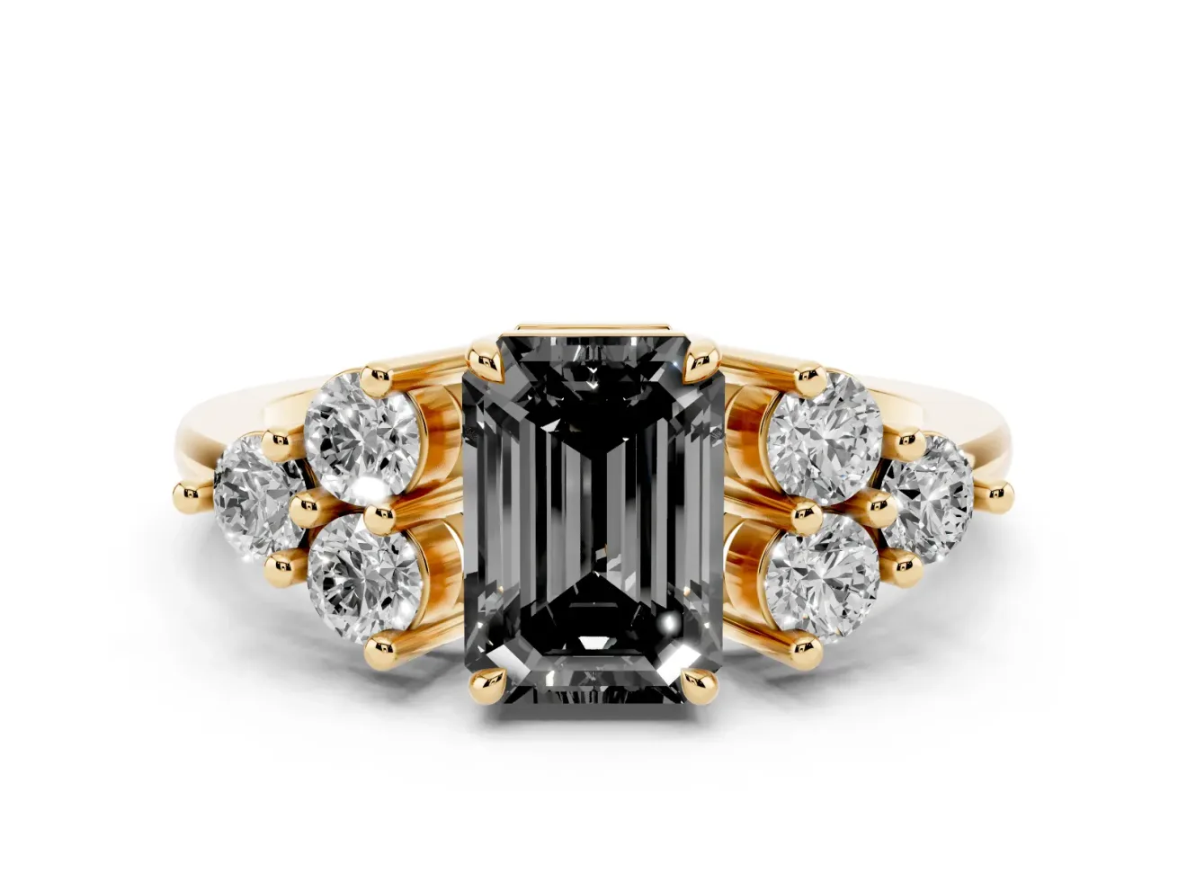 Fancy Black Emerald Cut Diamond Solitaire Ring Set in Yellow gold with Cluster Accents on Each Side