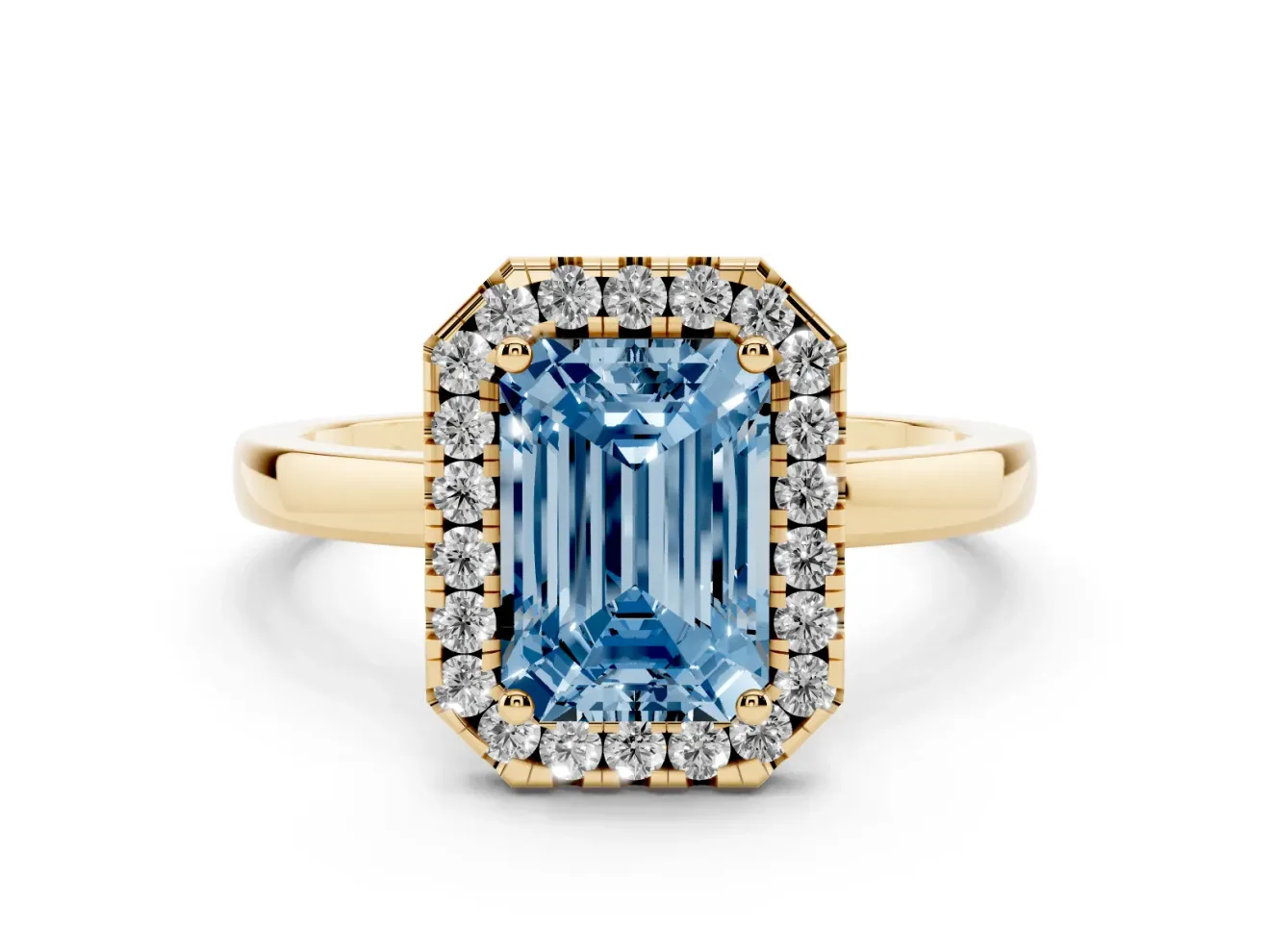 Fancy Blue Emerald Cut Diamond Halo Solitaire Ring Set in Yellow gold with Pavé Band and Prong Setting
