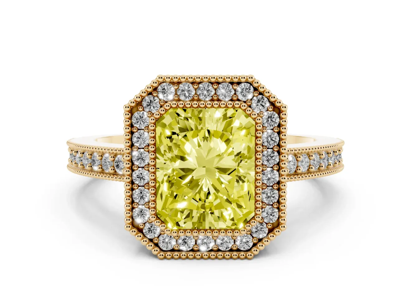 Fancy Yellow Radiant Cut Diamond Halo Engagement Ring Set in Yellow gold with Pavé Band and Round Halo Stones
