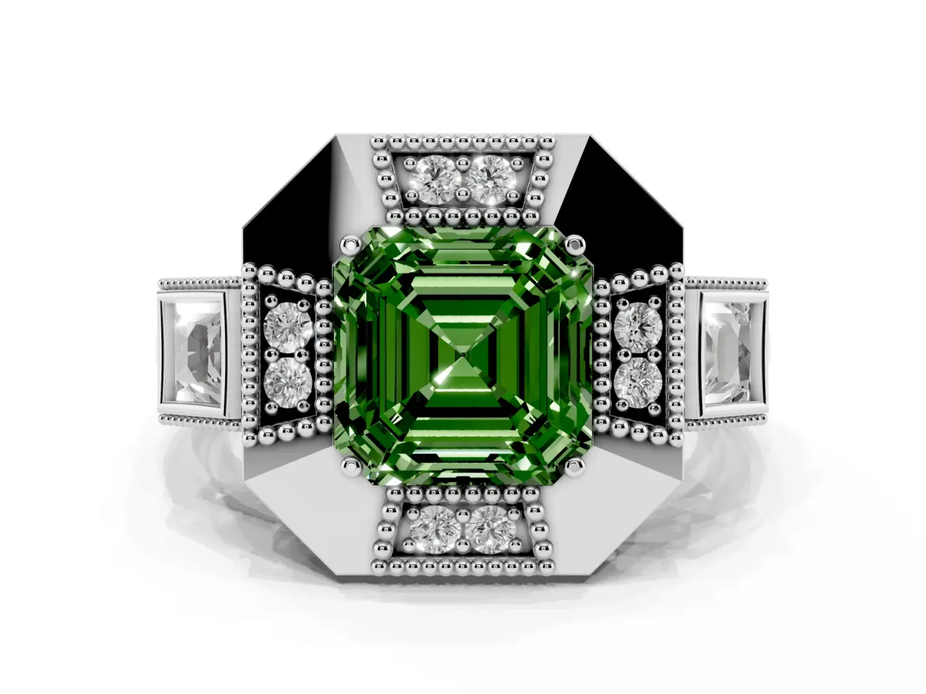 Fancy Green Asscher Cut Diamond Milgrain Halo Ring Set in Silver with Split Shank