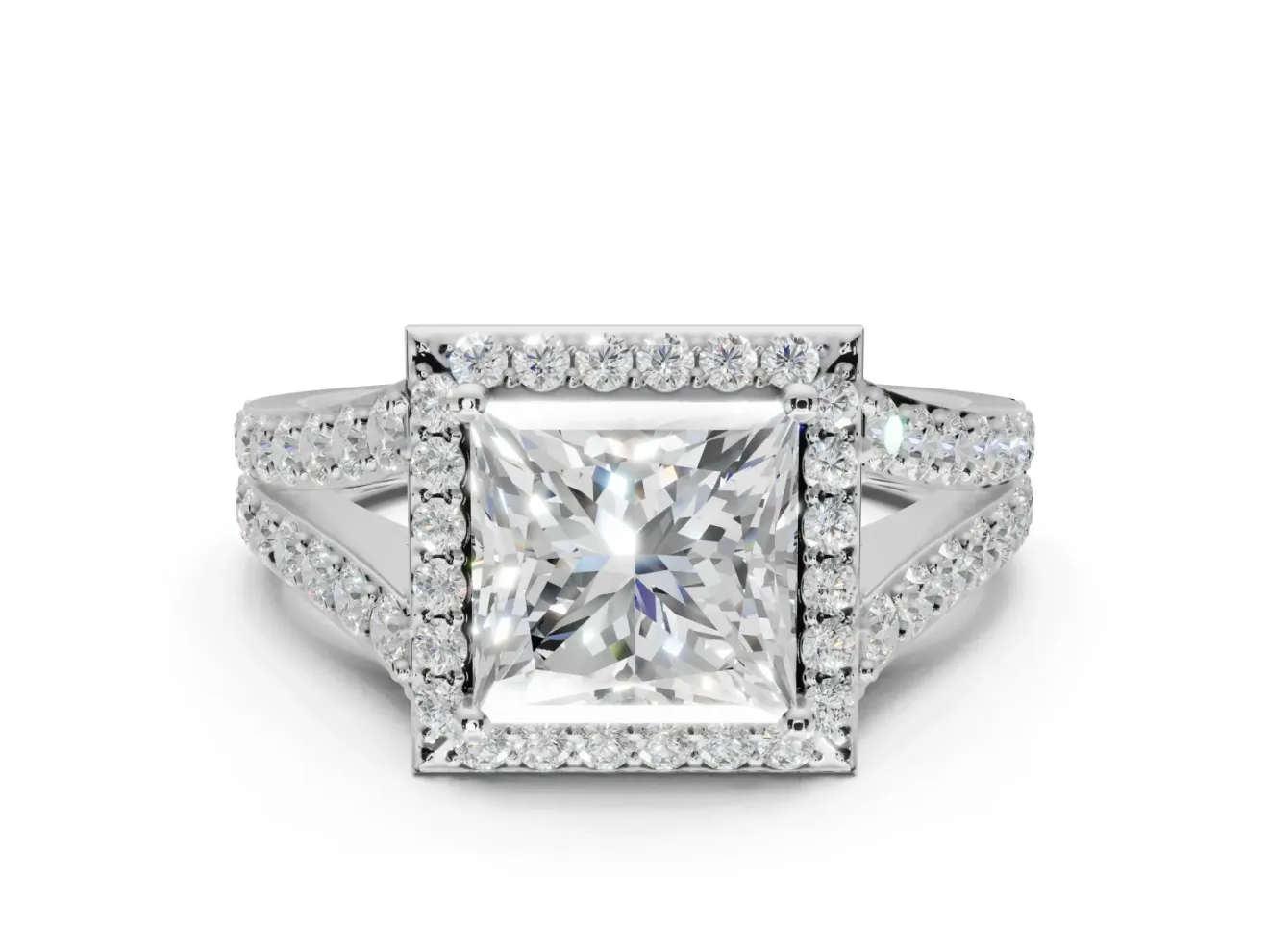 Princess Cut Halo Pavé Engagement Ring Setting | Narrow Split Shank | White Gold