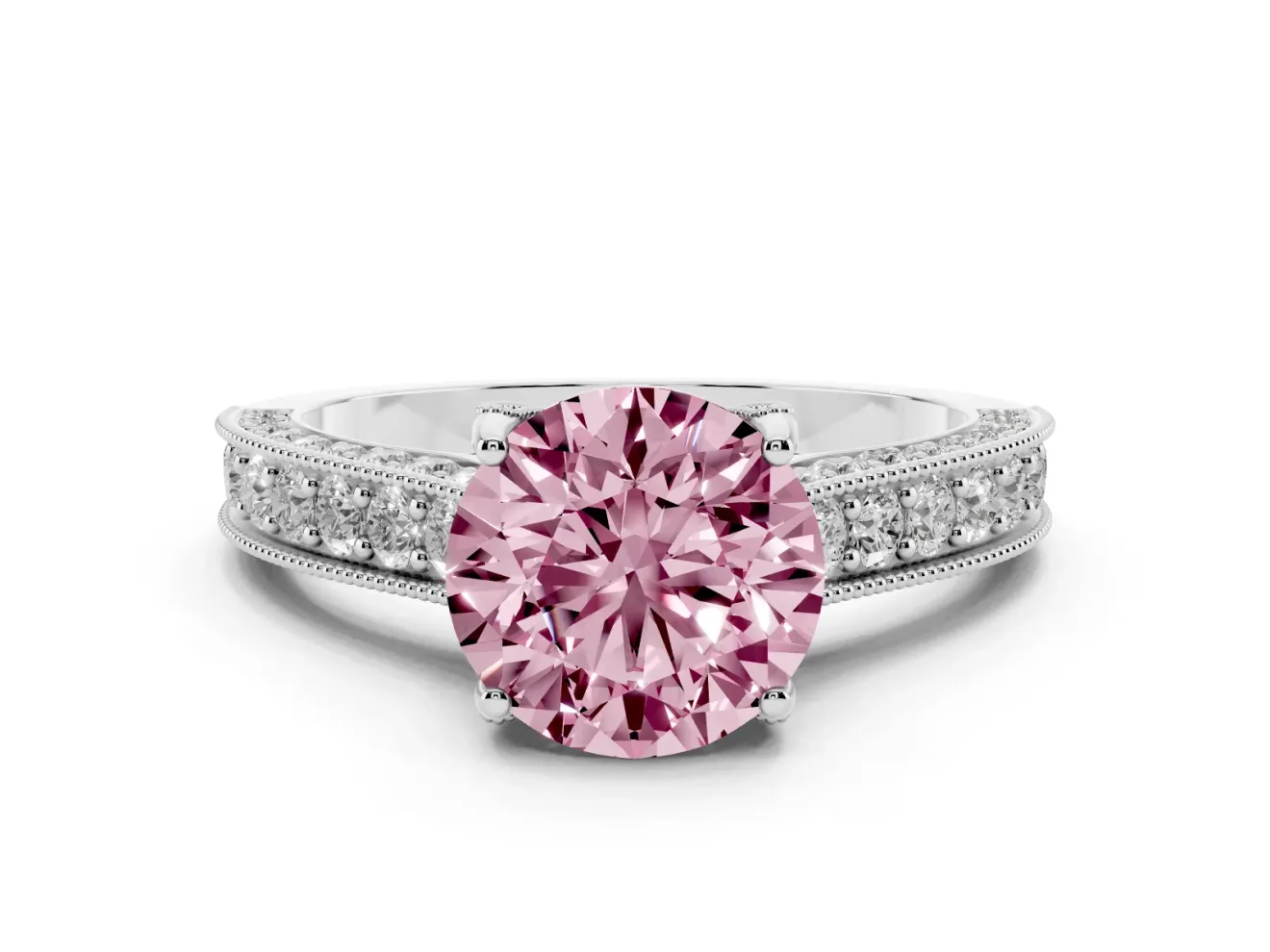 Round Hidden Halo Engagement Ring Setting for a Fancy Pink Lab-Grown Diamond | Milgrain Pave | Sterling Silver