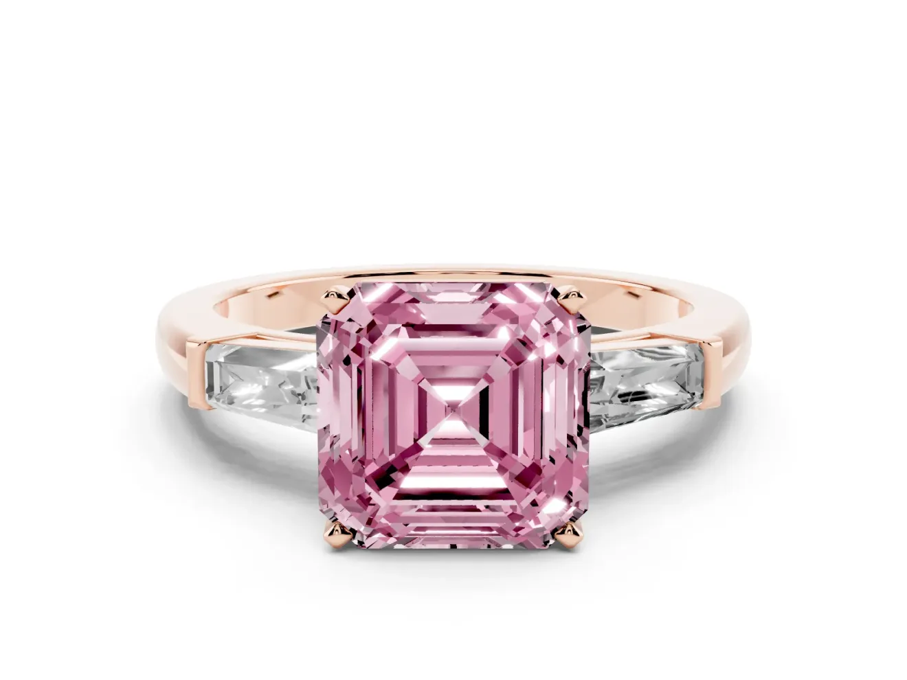 Asscher Cut Three Stone Engagement Ring Setting for a Fancy Pink Lab-Grown Diamond | Tapered Baguettes | Rose Gold