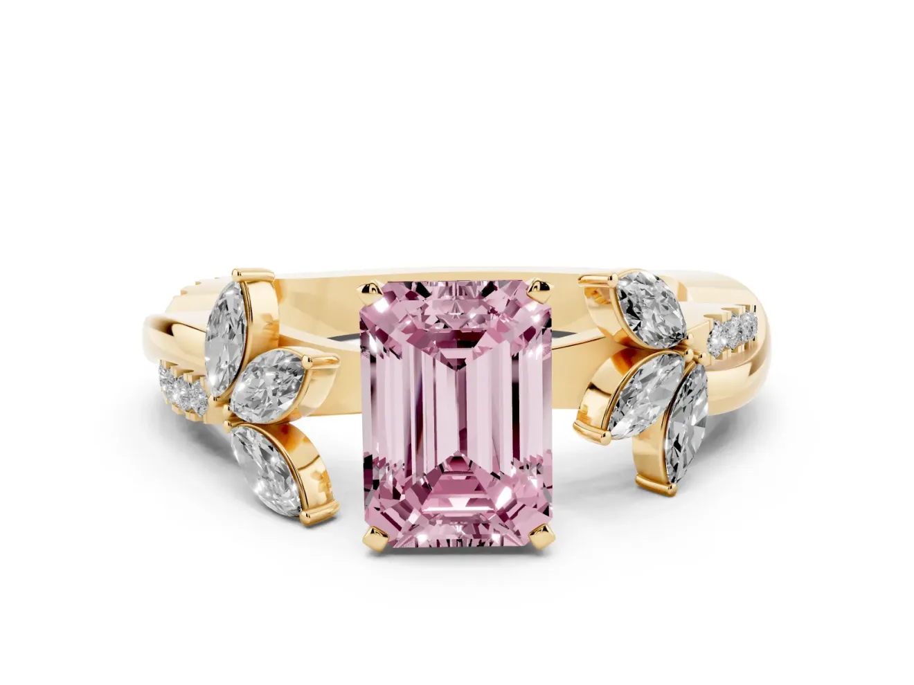Fancy Pink Emerald Cut Diamond Floral Vine Solitaire Engagement Ring Set in Yellow gold with Marquise Leaves