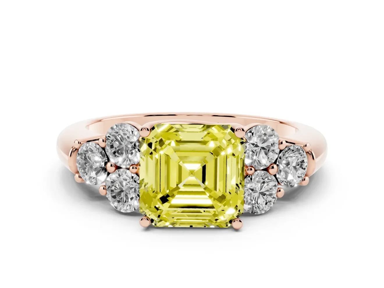Fancy Yellow Asscher Cut Diamond Cluster Ring Set in Rose gold with Round Accent Stones and Prong Setting on a Plain Band