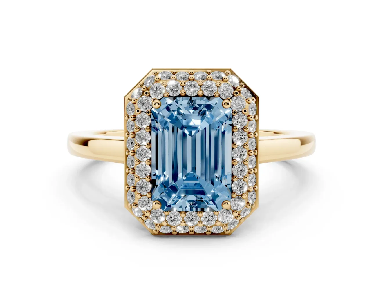 Fancy Blue Emerald Cut Diamond Halo Engagement Ring Set in Yellow gold with Solitaire Band and Prong Setting