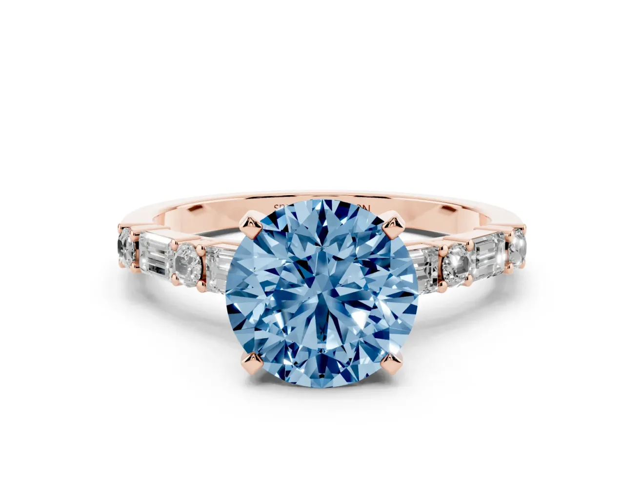 Fancy Blue Round Cut Diamond Solitaire Set in Rose gold with Side Baguettes and Channel Set Band