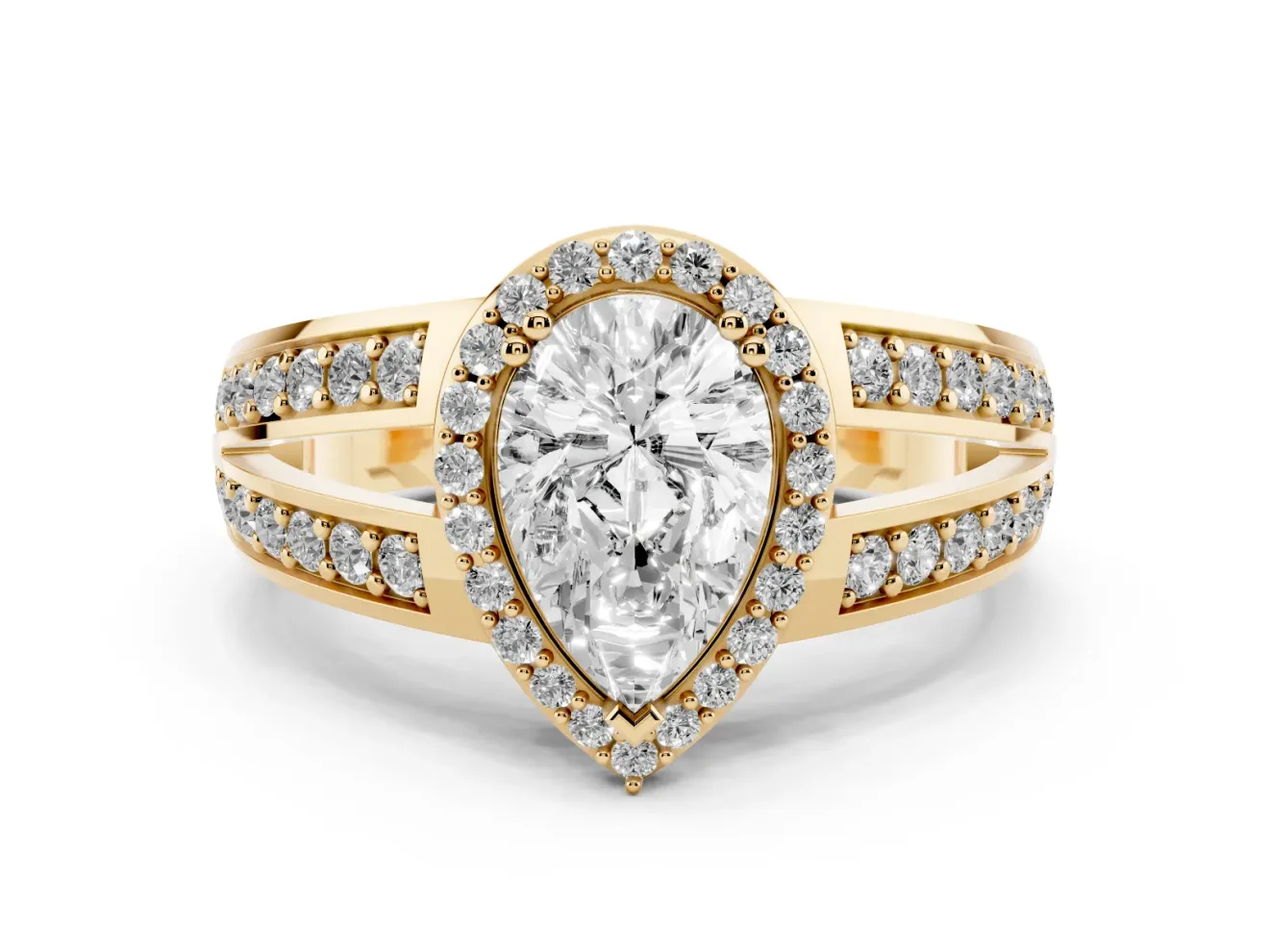 Pear-Shaped Halo Engagement Ring Setting | Two-Row Pave Split Shank | Yellow Gold