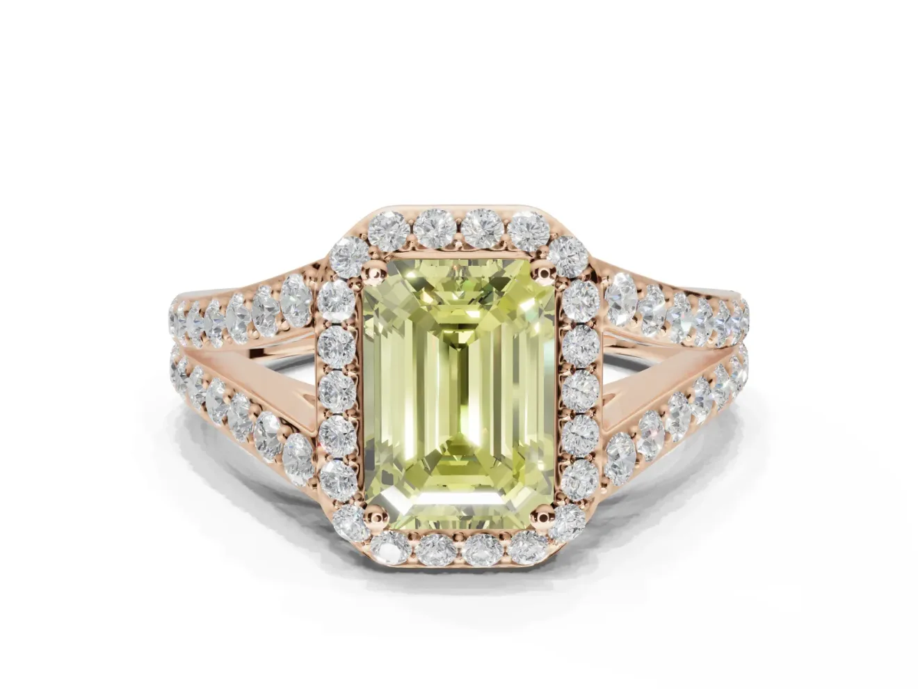 Emerald Cut Halo Pavé Engagement Ring Setting for a Fancy Yellow Lab-Grown Diamond | Narrow Split Shank | Rose Gold