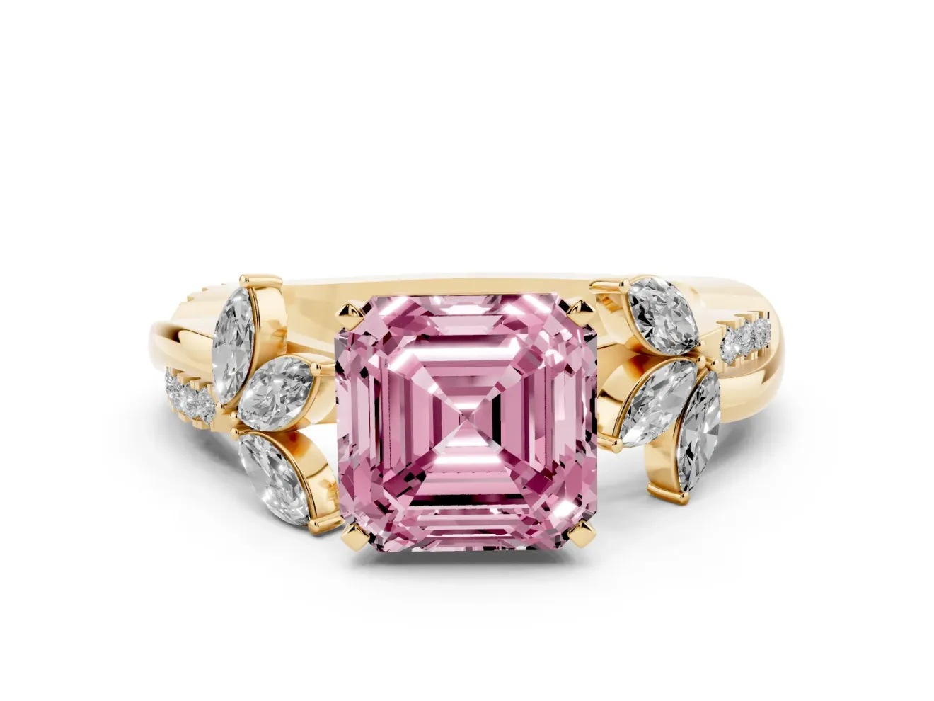 Asscher Cut Floral Vine Engagement Ring Setting for a Fancy Pink Lab-Grown Diamond | Yellow Gold