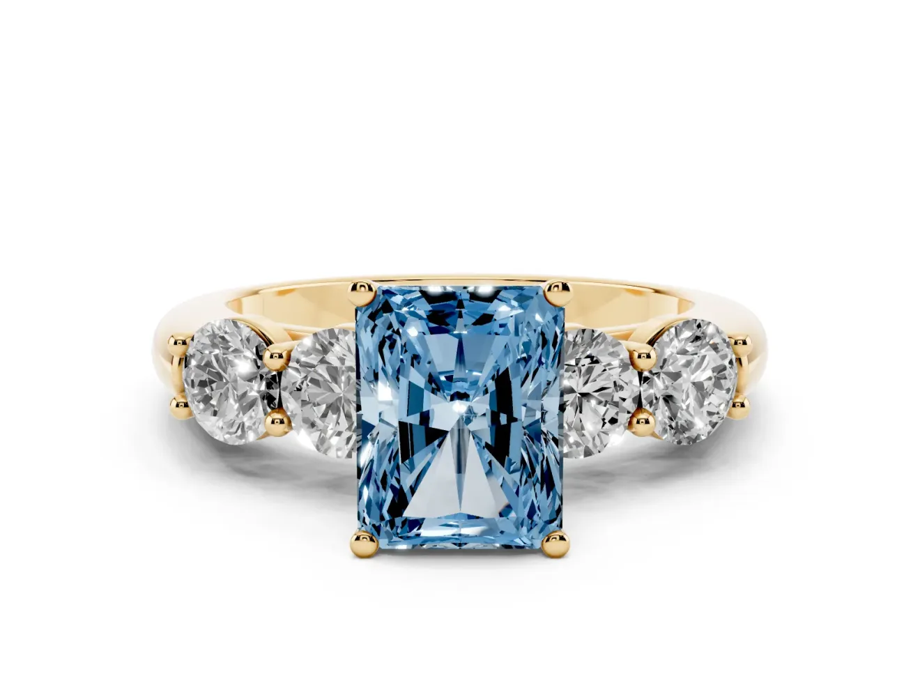 Radiant Cut Five Stone Engagement Ring Setting for a Fancy Blue Lab-Grown Diamond | Prong Set Side Stones | Yellow Gold