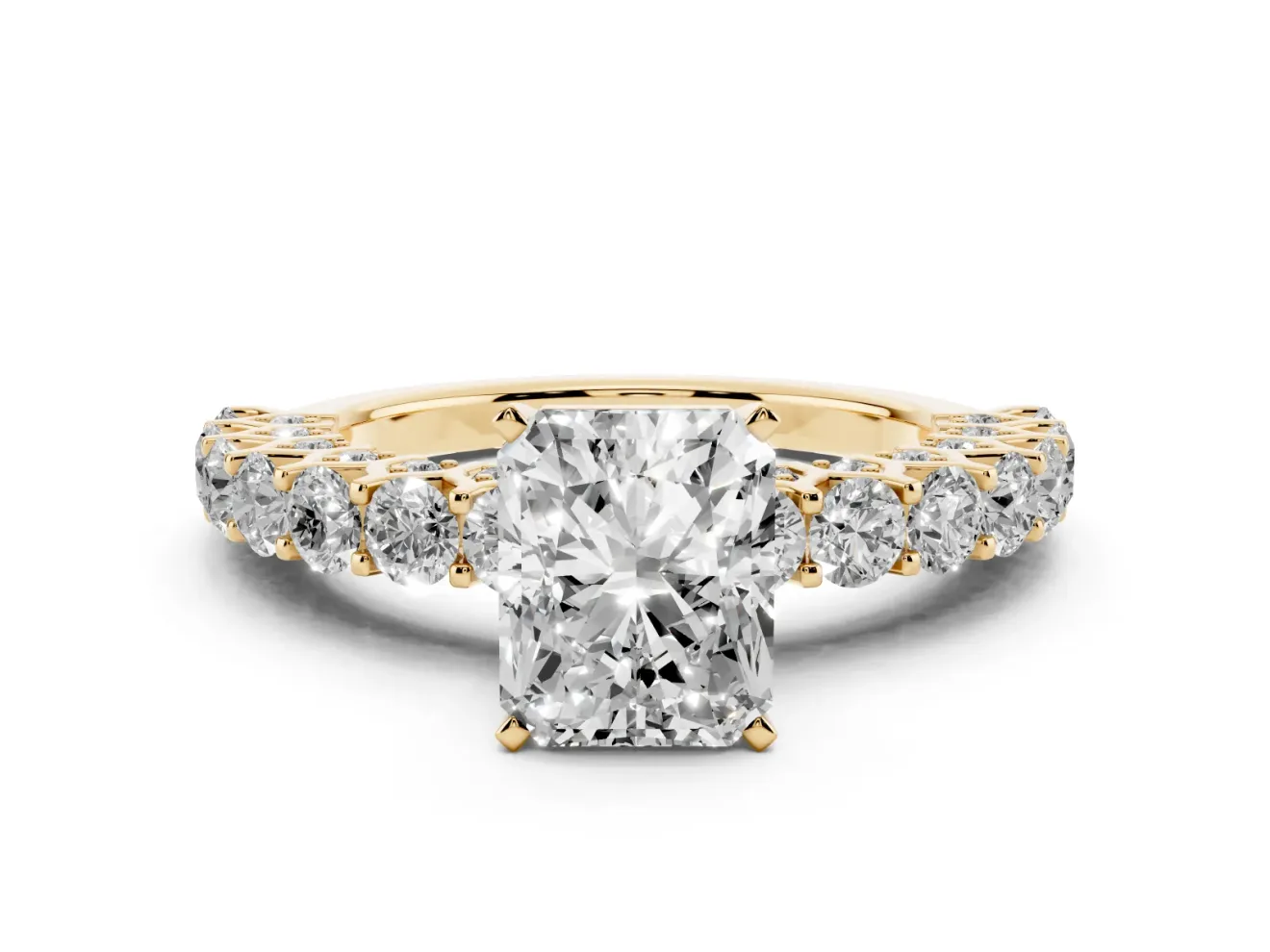 Radiant Cut Shared Prong Engagement Ring Setting | Two-Row Band | Yellow Gold