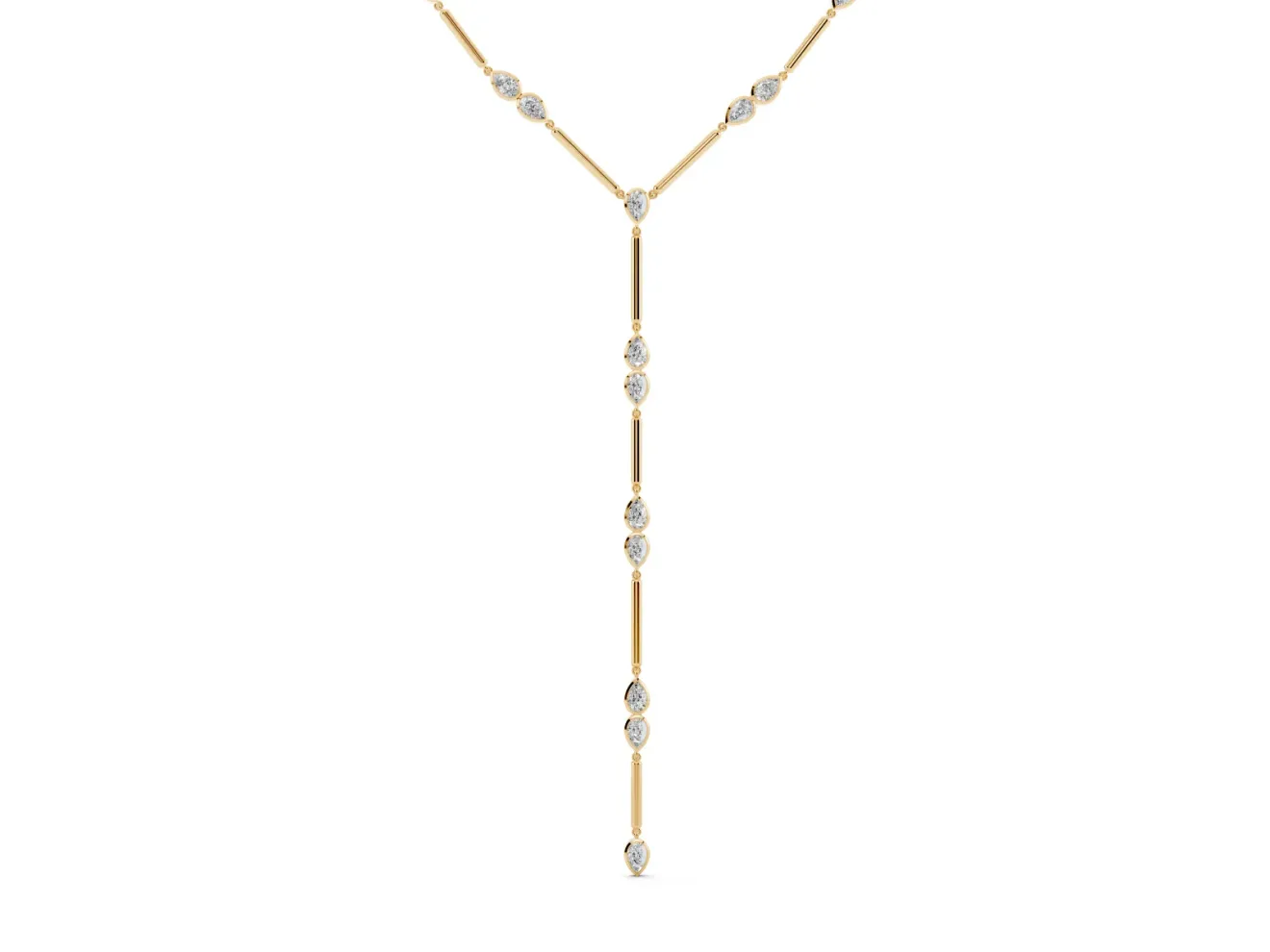 Pear-Shaped Lab-Grown Diamond Bezel Station Lariat Necklace | Polished Bar Links | Yellow Gold