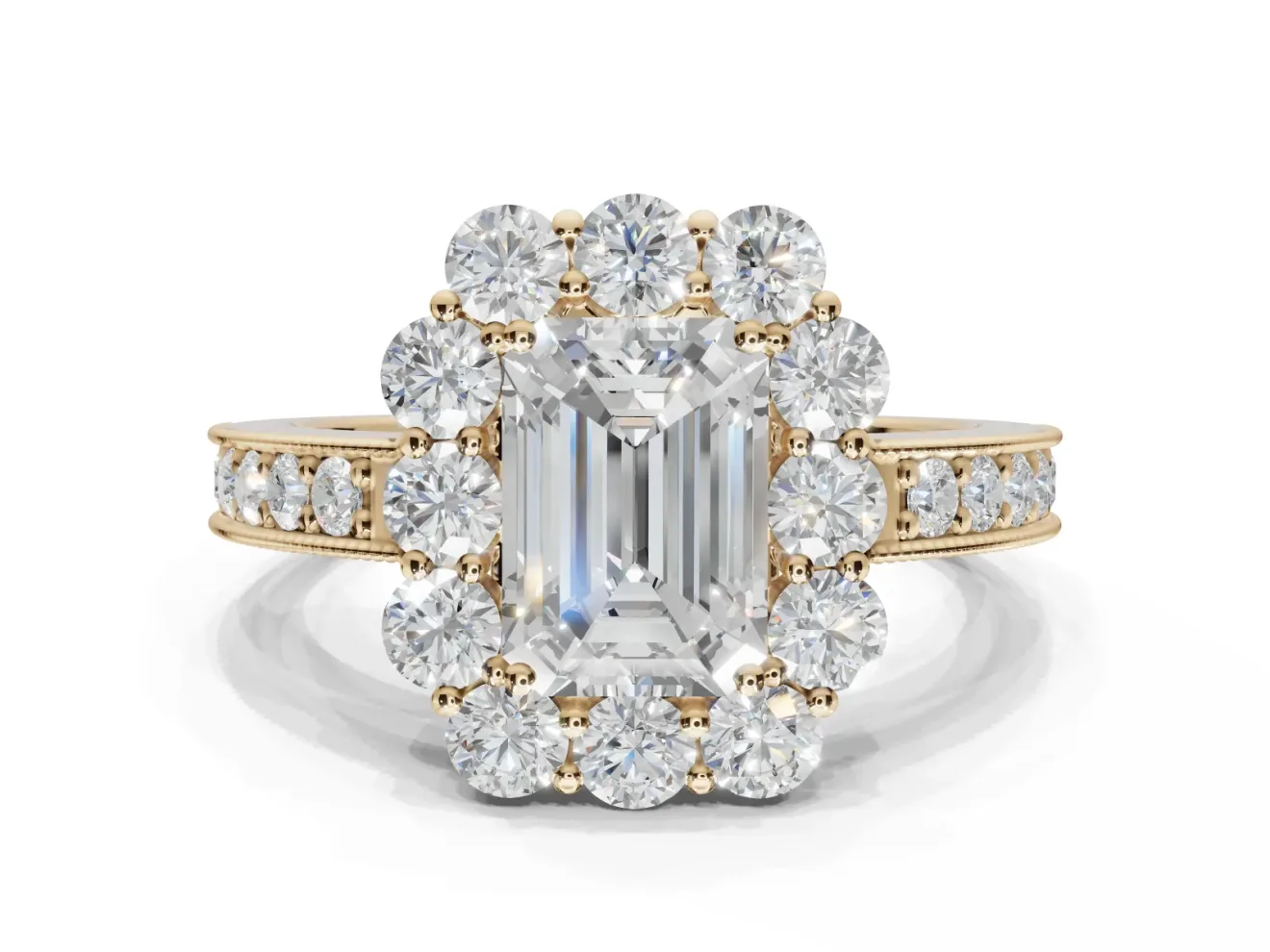 Emerald Cut Vintage Halo Engagement Ring Setting | Milgrain Channel Band | Yellow Gold