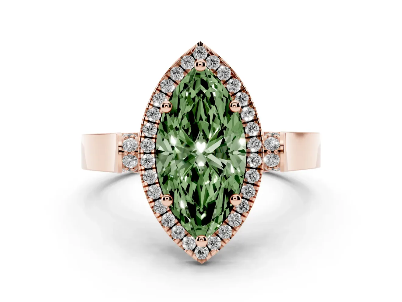 Fancy Green Marquise Cut Diamond Halo Ring Set in Rose gold with Pavé-Lined Split Shank Band