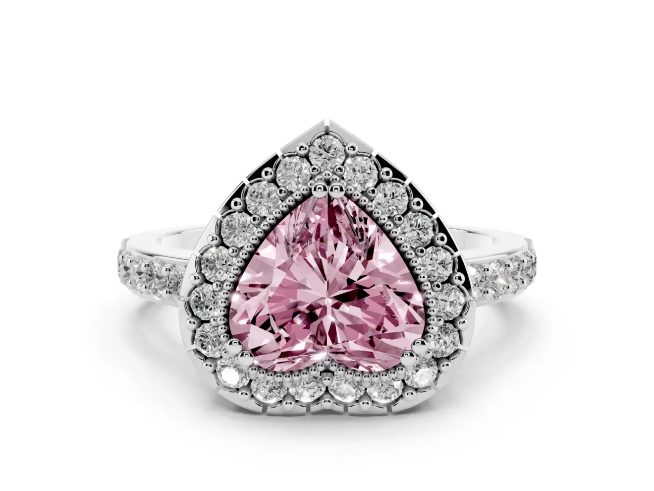 Heart-Shaped Milgrain Halo Engagement Ring Setting for a Fancy Pink Lab-Grown Diamond | Pavé Shoulders | Platinum