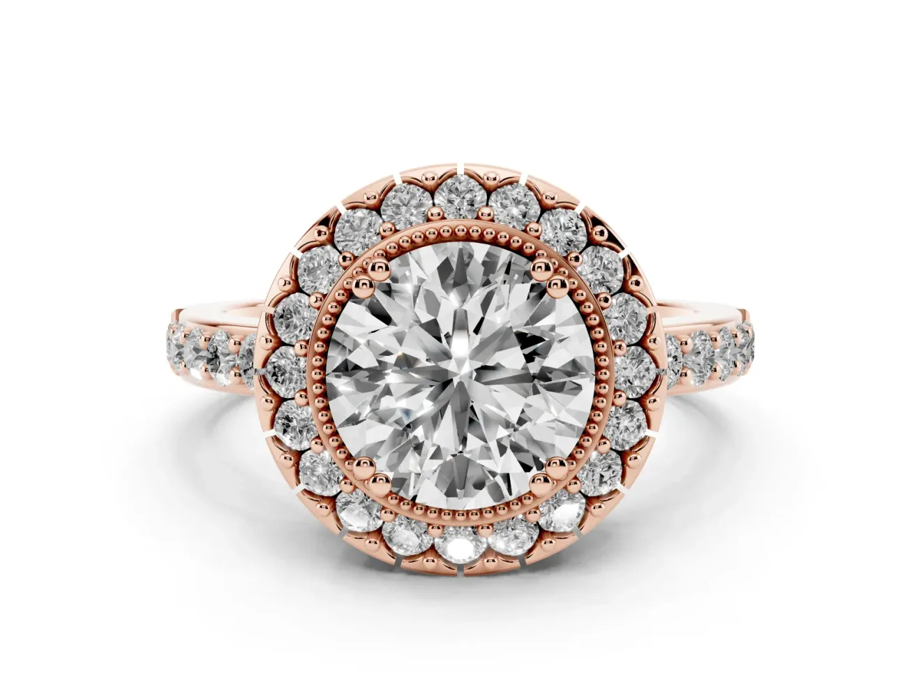Round Vintage Milgrain Halo Engagement Ring Setting | Pierced Gallery | Rose Gold