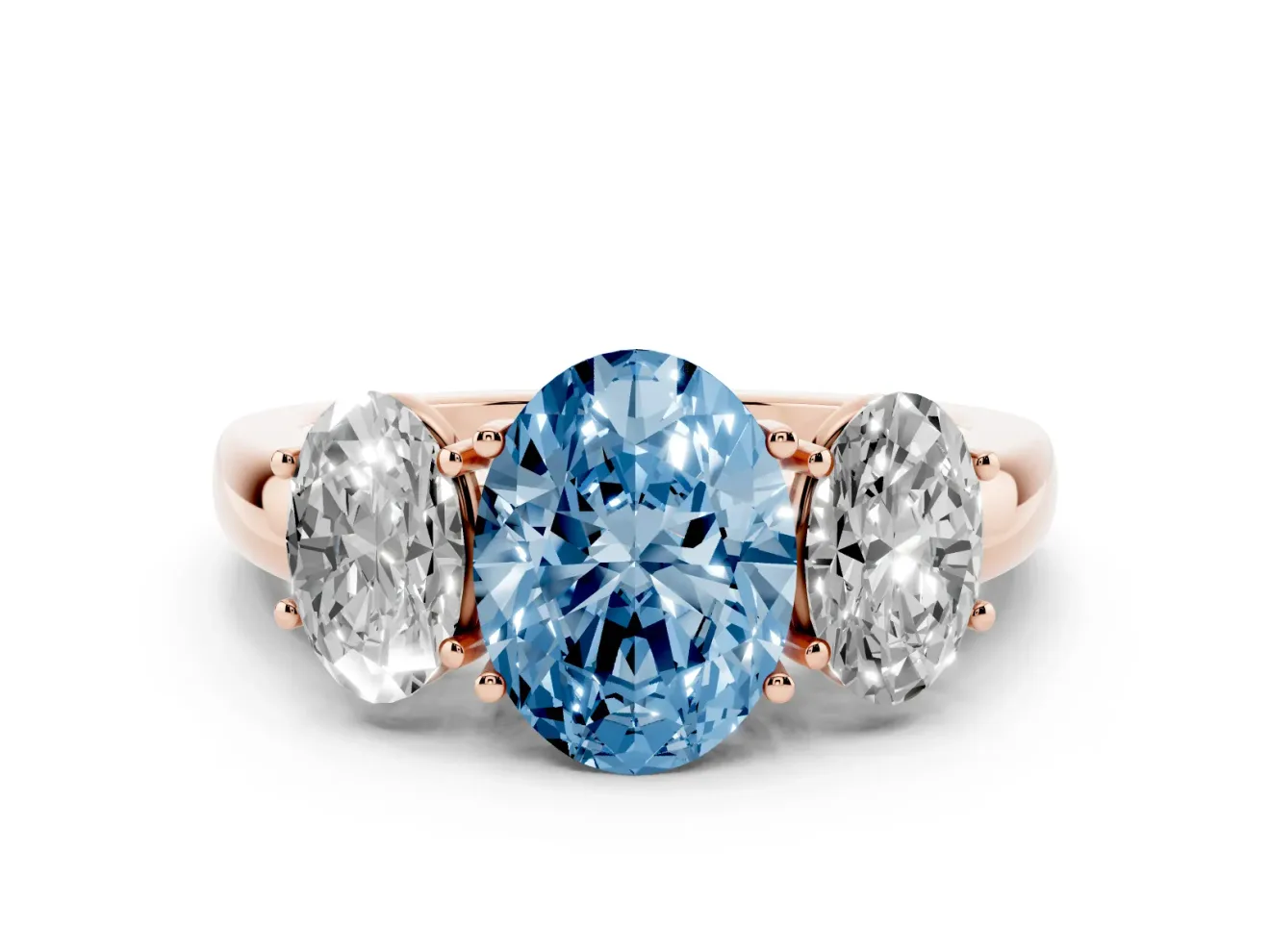 Fancy Blue Oval Cut Diamond Three-Stone Ring Set in Rose gold with Bold Center and Classic Band