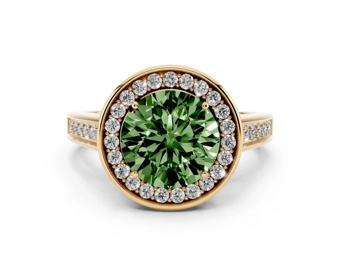 Round Rimmed Halo Engagement Ring Setting for a Fancy Green Lab-Grown Diamond | Yellow Gold