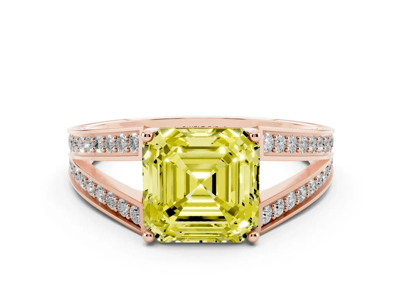 Fancy Yellow Asscher Cut Diamond Split Shank Ring Set in Rose gold with Pavé Band and Prong Setting