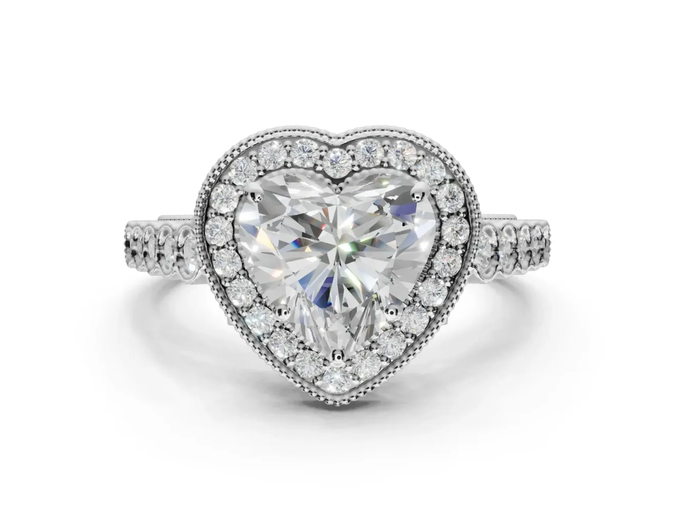 Heart-Shaped Milgrain Halo Engagement Ring Setting | Graduated Bezel Accents | Sterling Silver