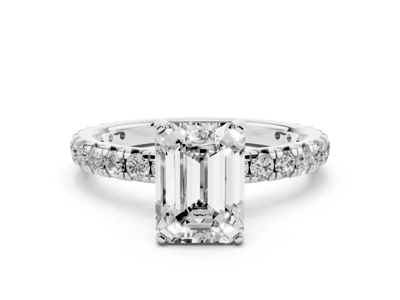 Emerald Cut Diamond Pavé Solitaire Ring Set in Silver with Round Band and Prong Setting